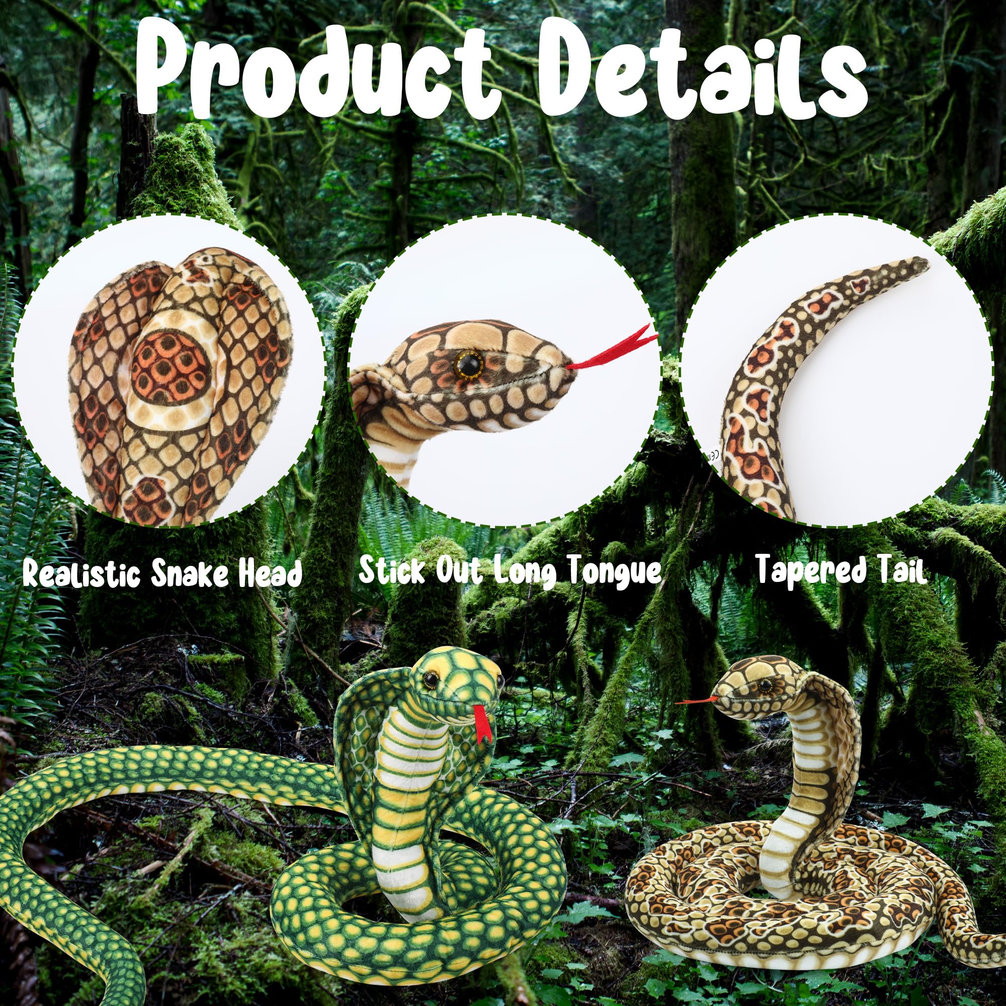 CozDazz 67-Inch Realistic Cobra Snake Stuffed Animal Plush, Giant Lifelike King Snakes Plush Toy - Image 4