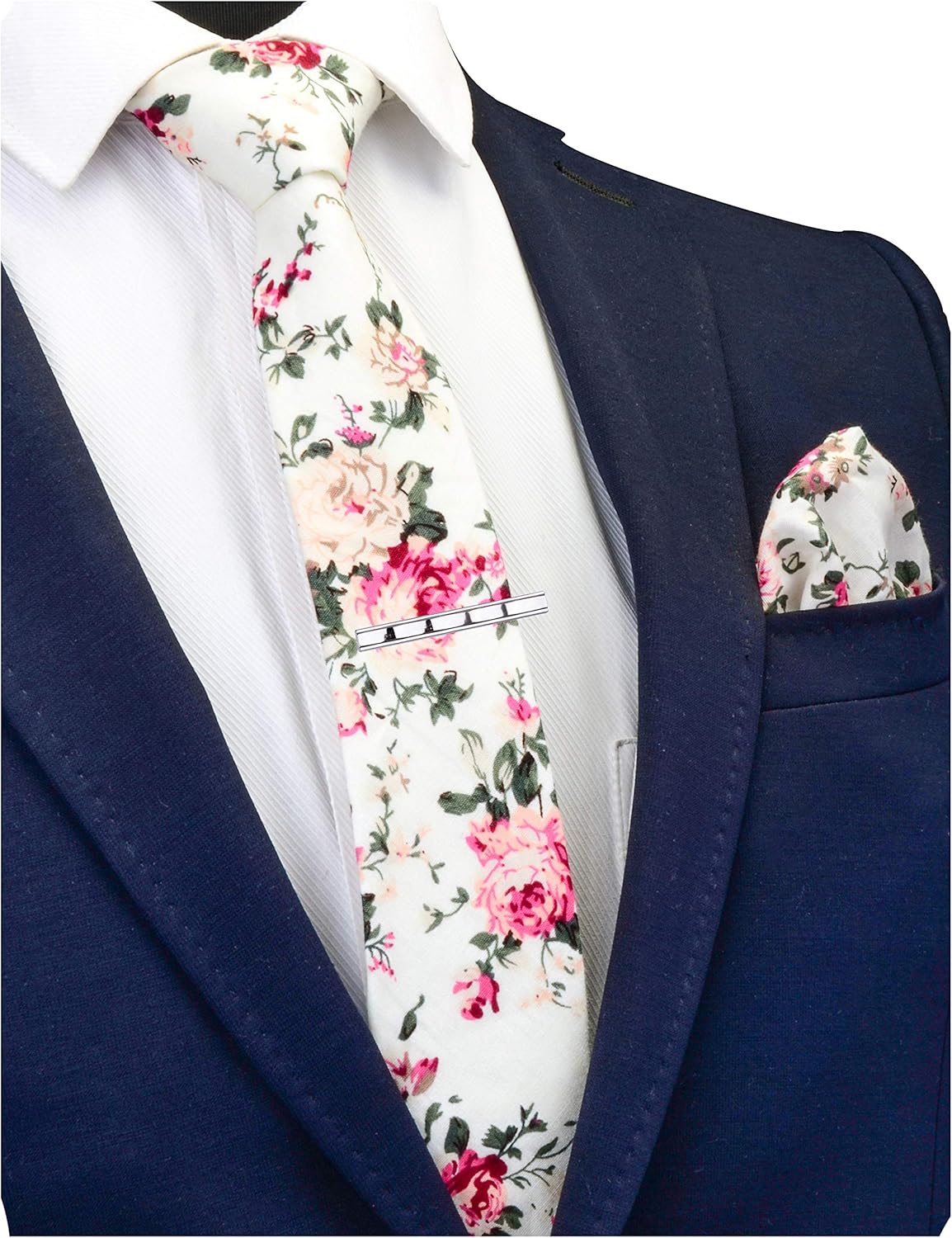 GUSLESON Fashion 2.4"(6cm) Cotton Floral Printed Necktie Tie Clip and Pocket Square Sets + Gift Box - Image 3