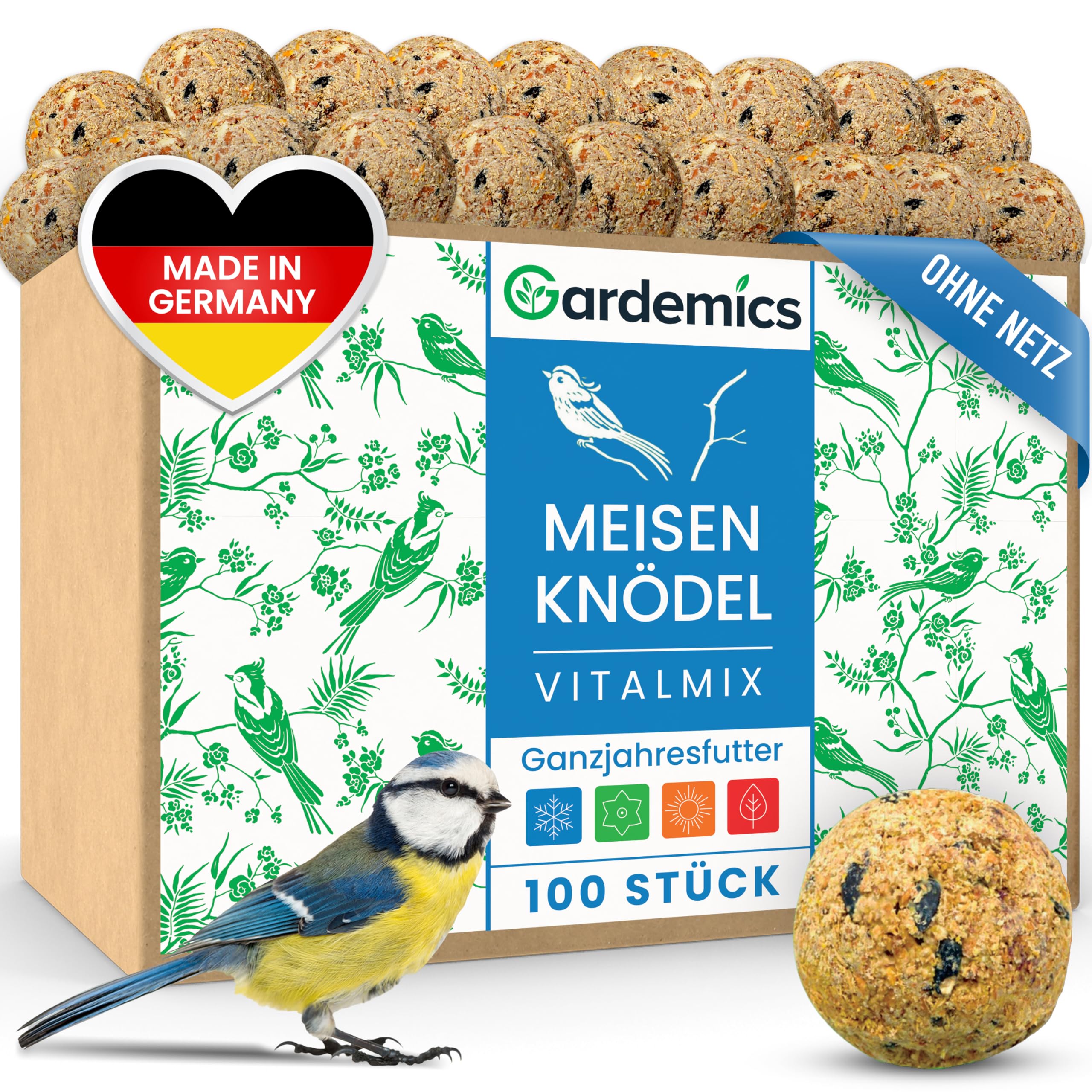 Gardemics Meisenknödel ohne Netz für Wildvögel, Vogelknödel [100 Stück] [9 kg] Wildvogelfutter für Artenvielfalt im Garten | Ganzjahresfutter