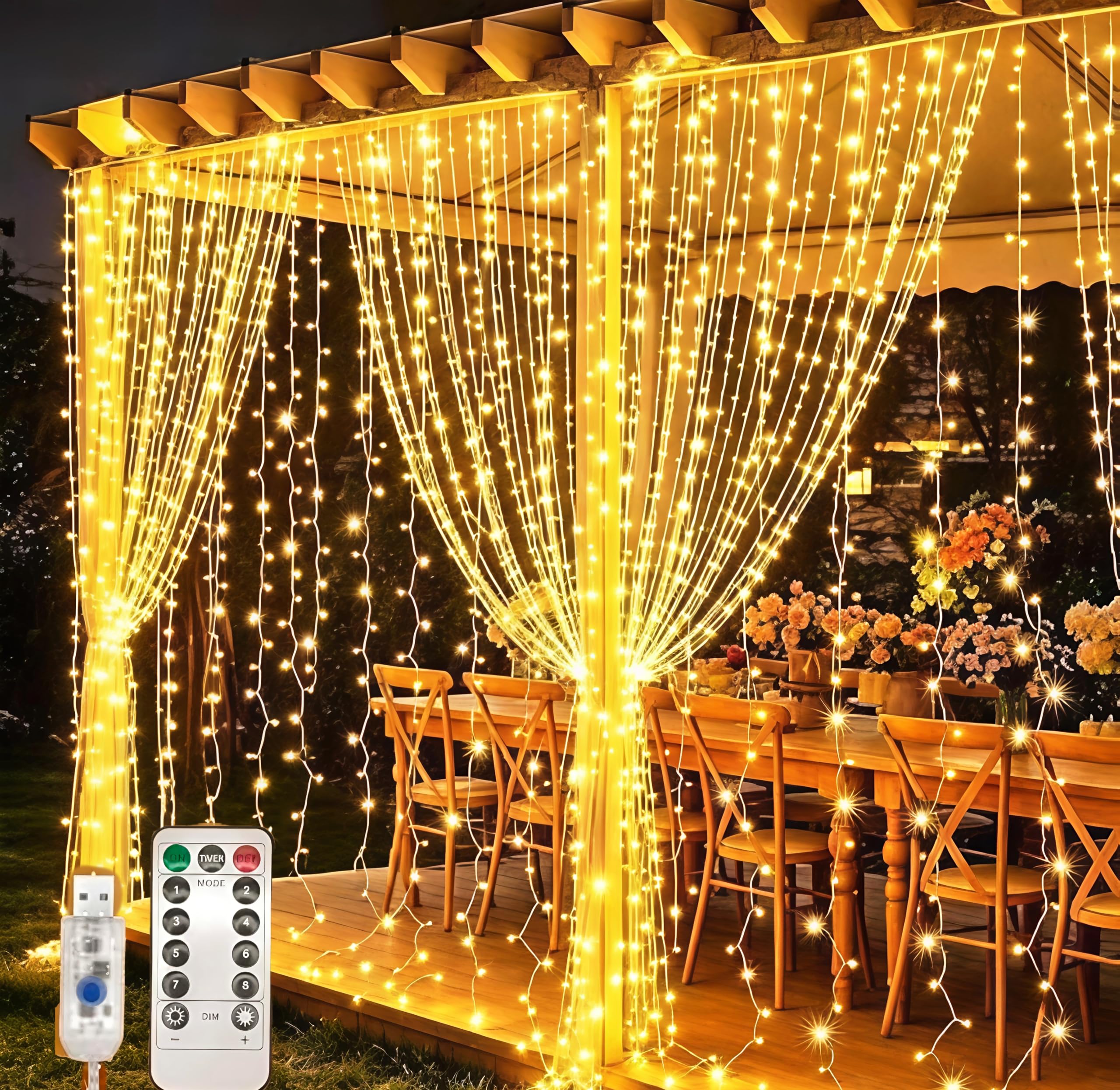 Falafoty 6m x 3m Curtain Lights 600 LED Curtain Fairy Light Plug In, 8 Modes Connectable Wall Christmas Light, Curtain Waterproof Waterfall Light for Bedroom Garden Gazebo Wedding Indoor Outdoor Decor