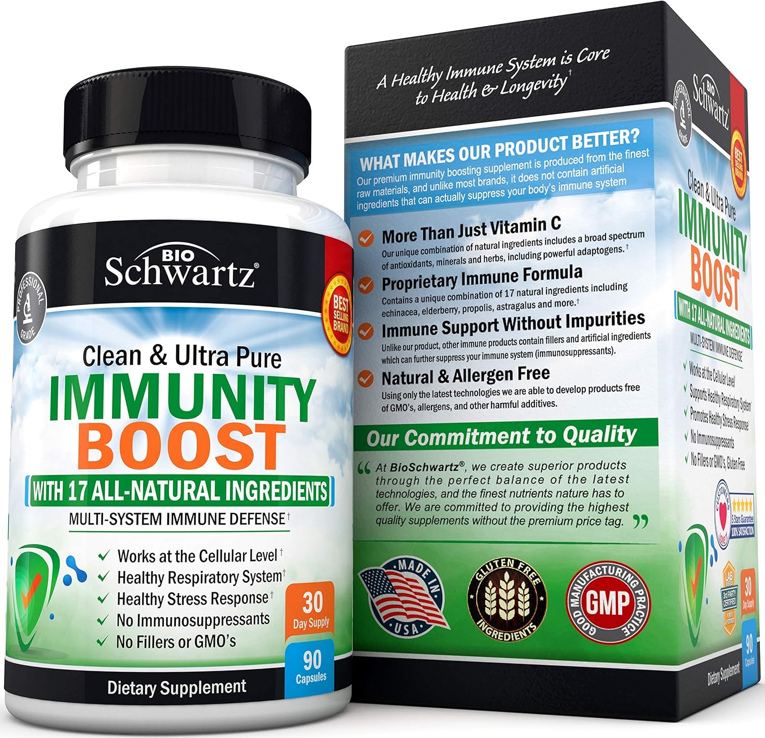 BioSchwartz Immune Support Supplement with Vitamin C 1000mg Zinc Elderberry Extract Ginger Root Beta Carotenes, Immunity Boost for Adults, Natural Immune Defense Antioxidant Vitamins