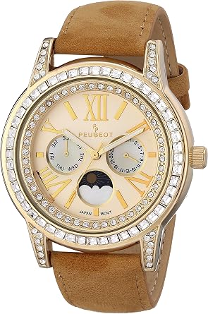 Peugeot Women Crystal Bezel Dress Watch, Day Date Moon Phase Function & Mother of Peal Dial with Roman Numeral, Suede Strap