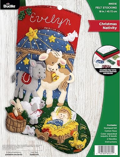 Bucilla Kit de fabricación de calcetines de 18 pulgadas con apliques de fieltro, Belén de Navidad, perfecto para manualidades y manualidades,