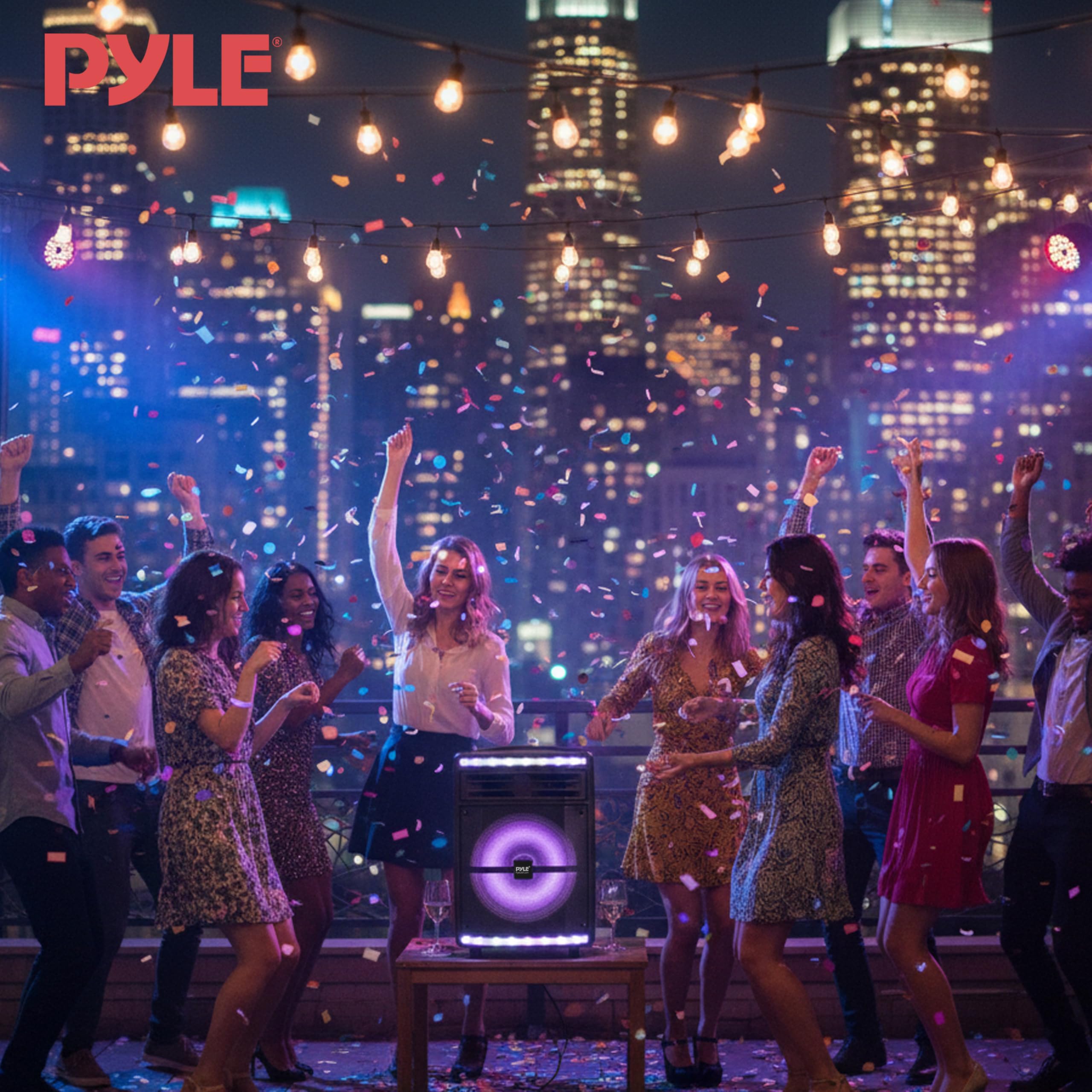 Pyle Speaker Bluetooth Portatile Ricaricabile da 600 Watt, Altoparlante Amplificato Portatile con Ingresso Microfono da 2,54cm, Luci da Festa, Lettore di Schede MP3/USB SD e Ruote Girevoli