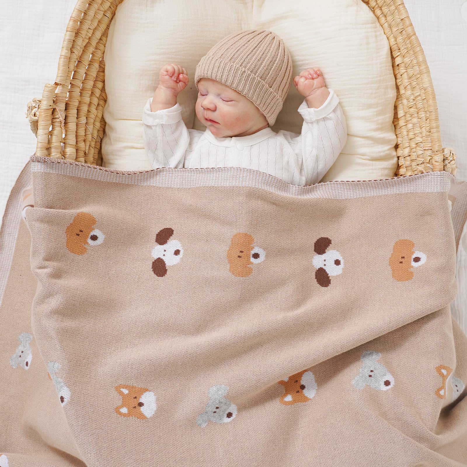 Avibae Cotton Baby Blanket for Newborns Soft Knitted Receiving Blanket for Pram and Cot with Cute Dog Pattern 100x80cm - Image 2