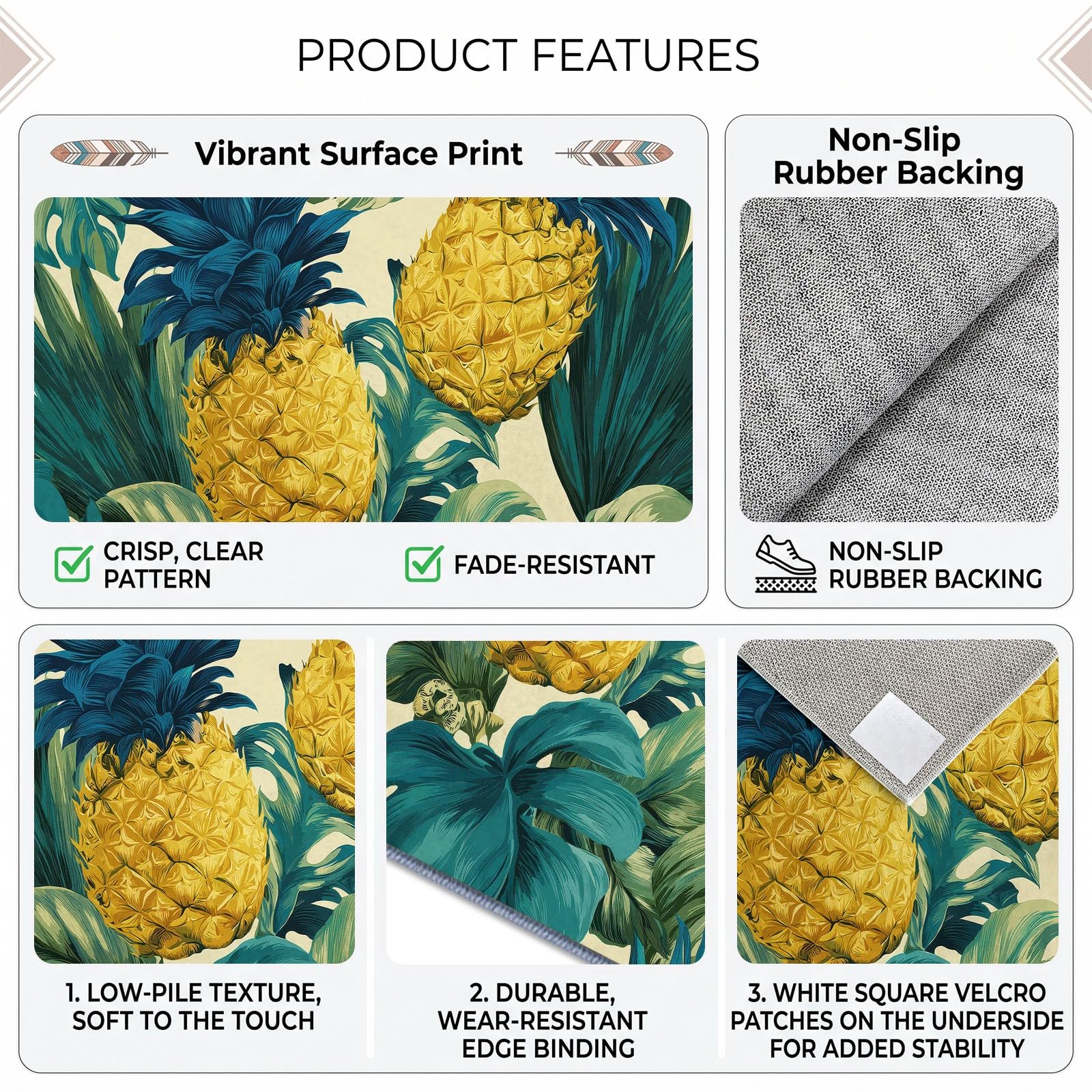 Alfombra lavable botánica tropical, 140 x 200 cm, para salón, frutas, piña, hojas de palma, antideslizante, suave, para dormitorio, comedor, oficina