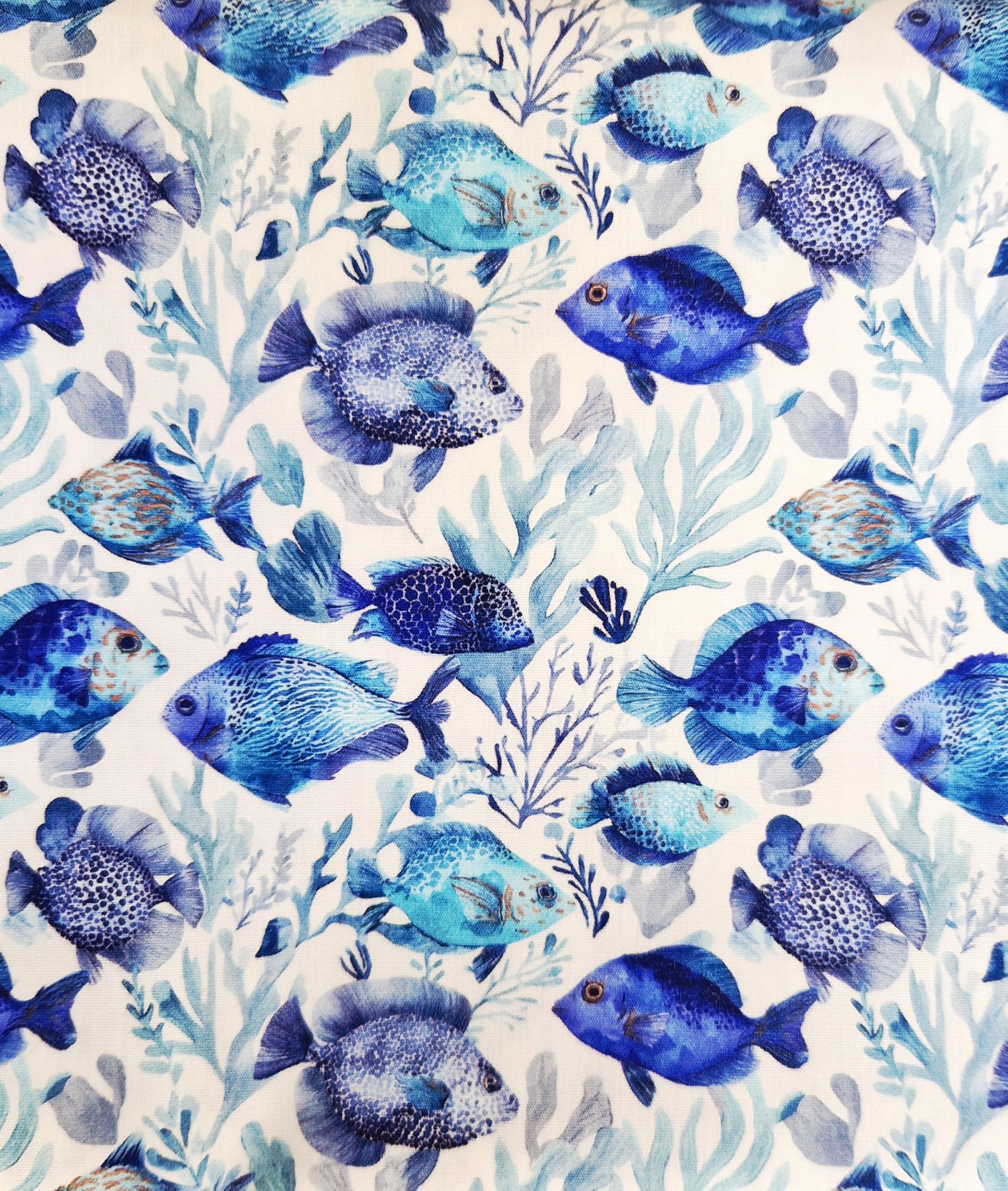 Cotton Fabric - Blue Fish Under The Sea Print & Coral on White - Cotton Craft Material Per Meter