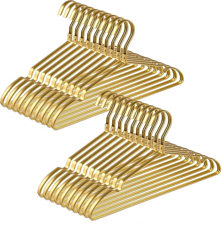 Amber Home 20 Pack Premium Matte Gold Aluminum Coat Hangers, 16.5” Extra Smooth & Durable Metal Shirt Dress Hanger, Light & Sturdy Metal Rack for Jacket Trouser Pant Slack | 16.5” Premium Extra Smooth Metal Hangers, Light & Sturdy Metal Hangers for Shirt, Dress, Trousers, Pants & Slacks