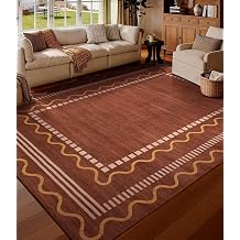 YIHOUSE Burnt Orange Scalloped Bedroom Rugs 5x7, Non-Slip Washable Farmhouse Border Rug for Living Room, Low-Pile Indoor Carpets, Stain-Resistant Vintage Rusty Rugs for Dining Room, Office