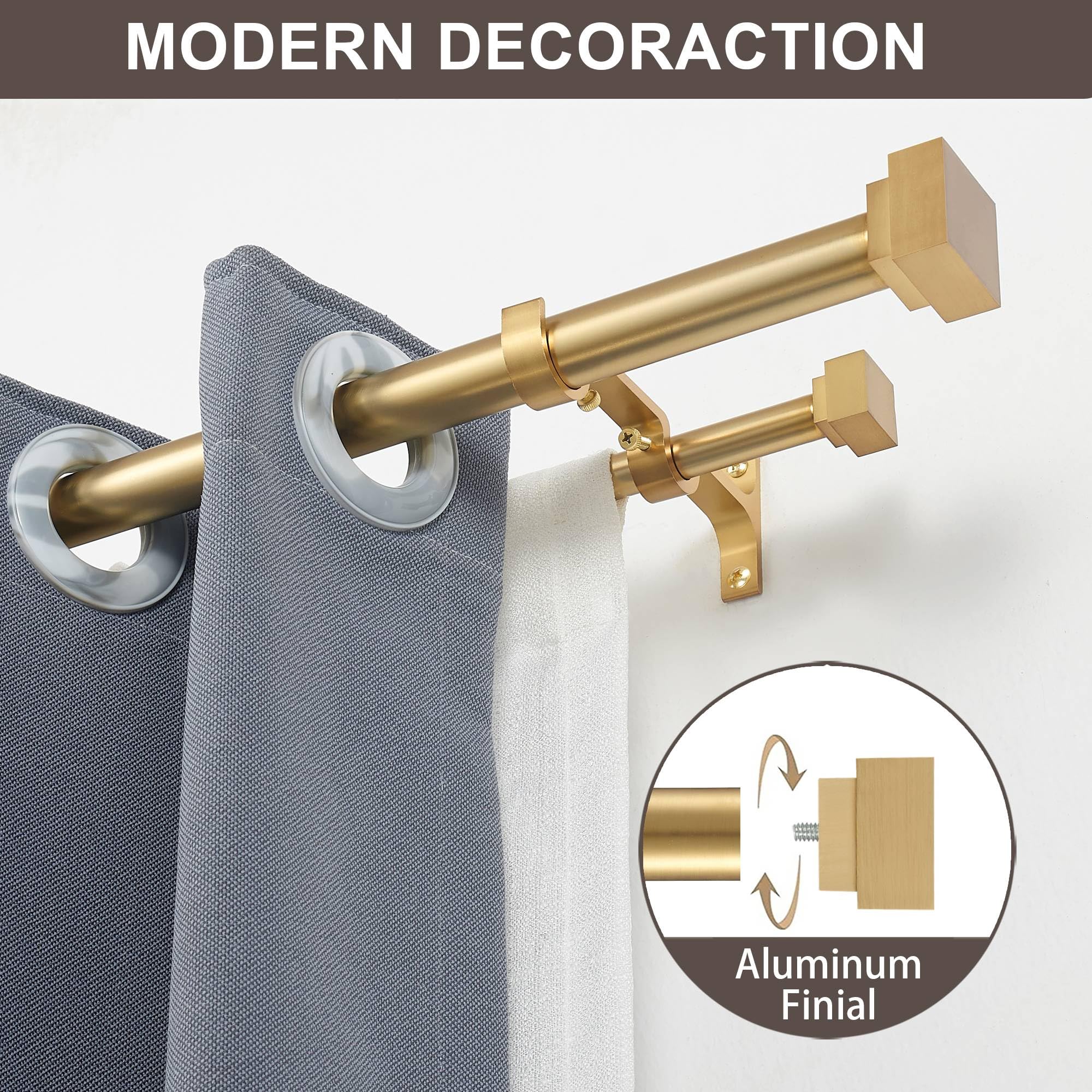 1 Inch Modern Double Window Curtain Rods,72-144 Inch Adjustable Telescoping Heavy Duty Stylish Drapery Rods Decorative Solid Square Allufer Finials for Dual Curtain Rod Window Treatment, Brushed Gold