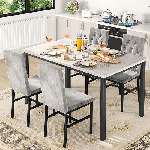 Miniatura 2 de Hooseng Juego de 4 sillas de mesa de comedor pequeñas de mármol sintético con lujosas sillas de comedor copetudas con botones para cocina y comedor