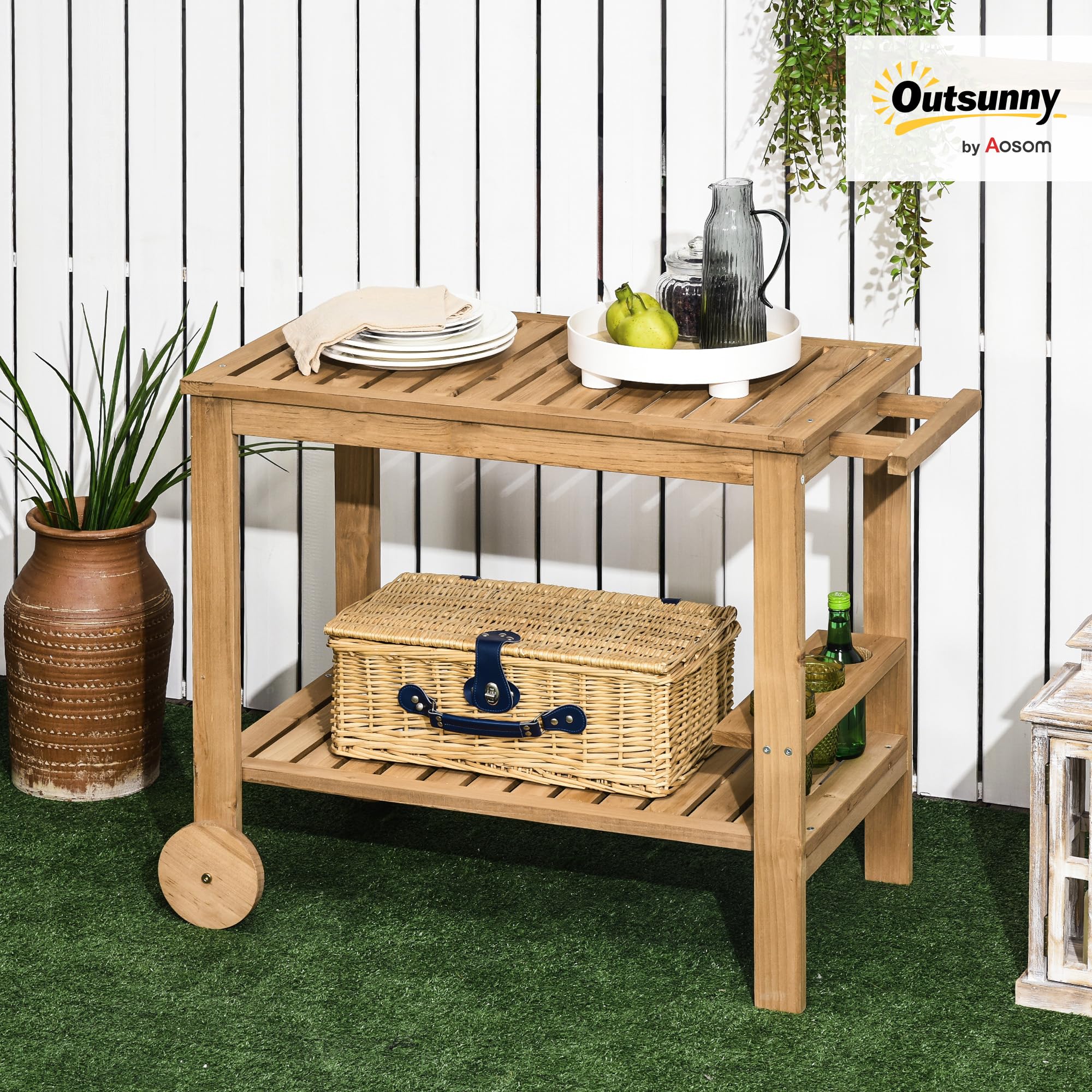 Outsunny Carrello Portavivande da Giardino in Legno di Abete 95x47x74 cm