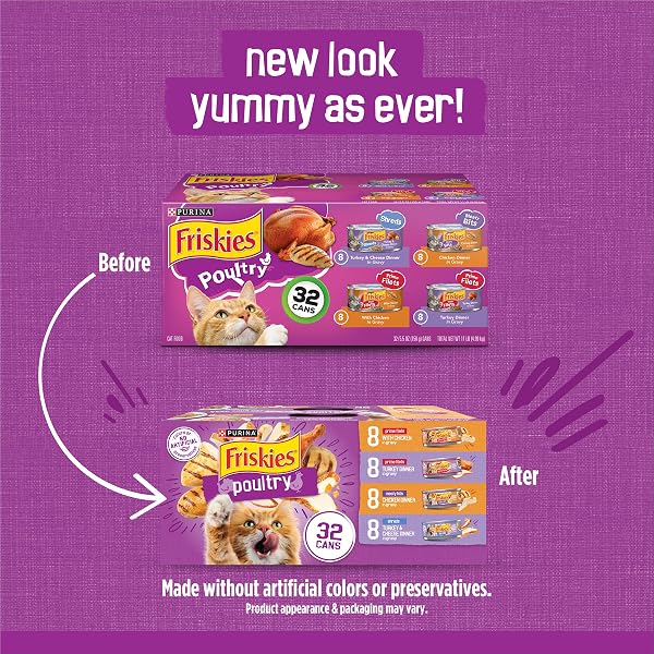 A variety of Friskies Gravy Wet Cat Food cans, showcasing Shreds, Meaty Bits, and Prime Filets in poultry flavors.