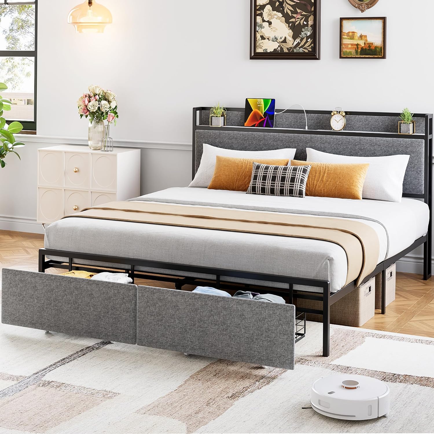 GAOMON King Size Bed Frame with Charging Station and 2 Storage Drawer, Upholstered Platform Bed with Headboard, USB Port & Outlets, No Box Spring Needed Storage Bed, Noise Free, Easy Assemble, Grey