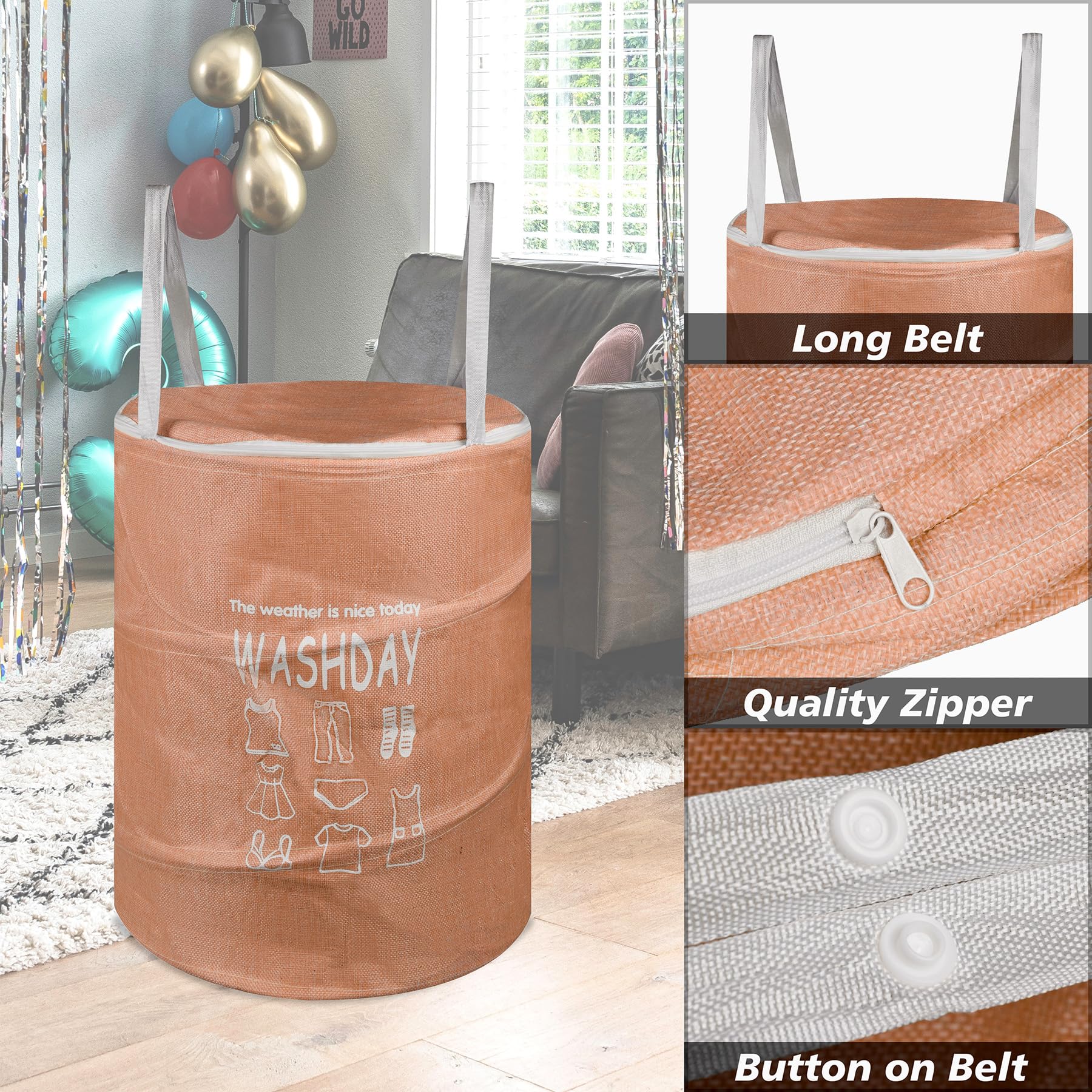 Kuber Industries Wäschekorb | Runder Faltbarer Wäschekorb | Jute Aufbewahrungstasche mit Knopfgriffen | Kleiderkorb für Zuhause | Spielzeug Aufbewahrungskorb | 45 Liter | 2 Stück | Pfirsich
