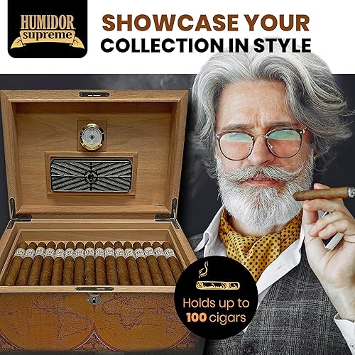 Miniatura 5 de Old World - Humidor de puros de escritorio, acabado de nogal, bandeja de cedro español, 3 divisores, higrómetro con marco de latón, cerradura y