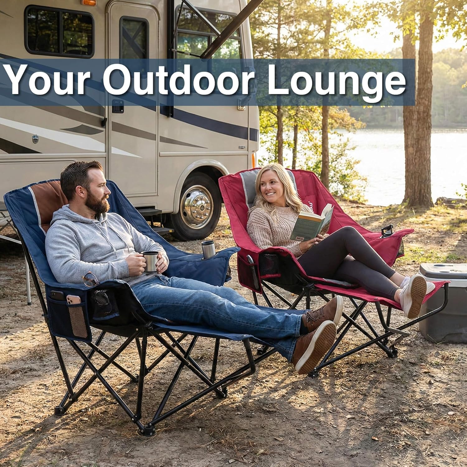 Camping Chair with Removable Footrest, Oversized Outdoor Chair with Headrest & Cup Holders, 400lb Capacity Lawn Chair for Sports Backyard Fishing - Image 3