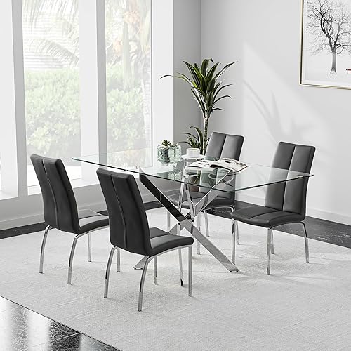 Miniatura 2 de Mesa de comedor de cristal templado con patas cromadas, mesa rectangular moderna de 47" para cocina y comedor, color plateado
