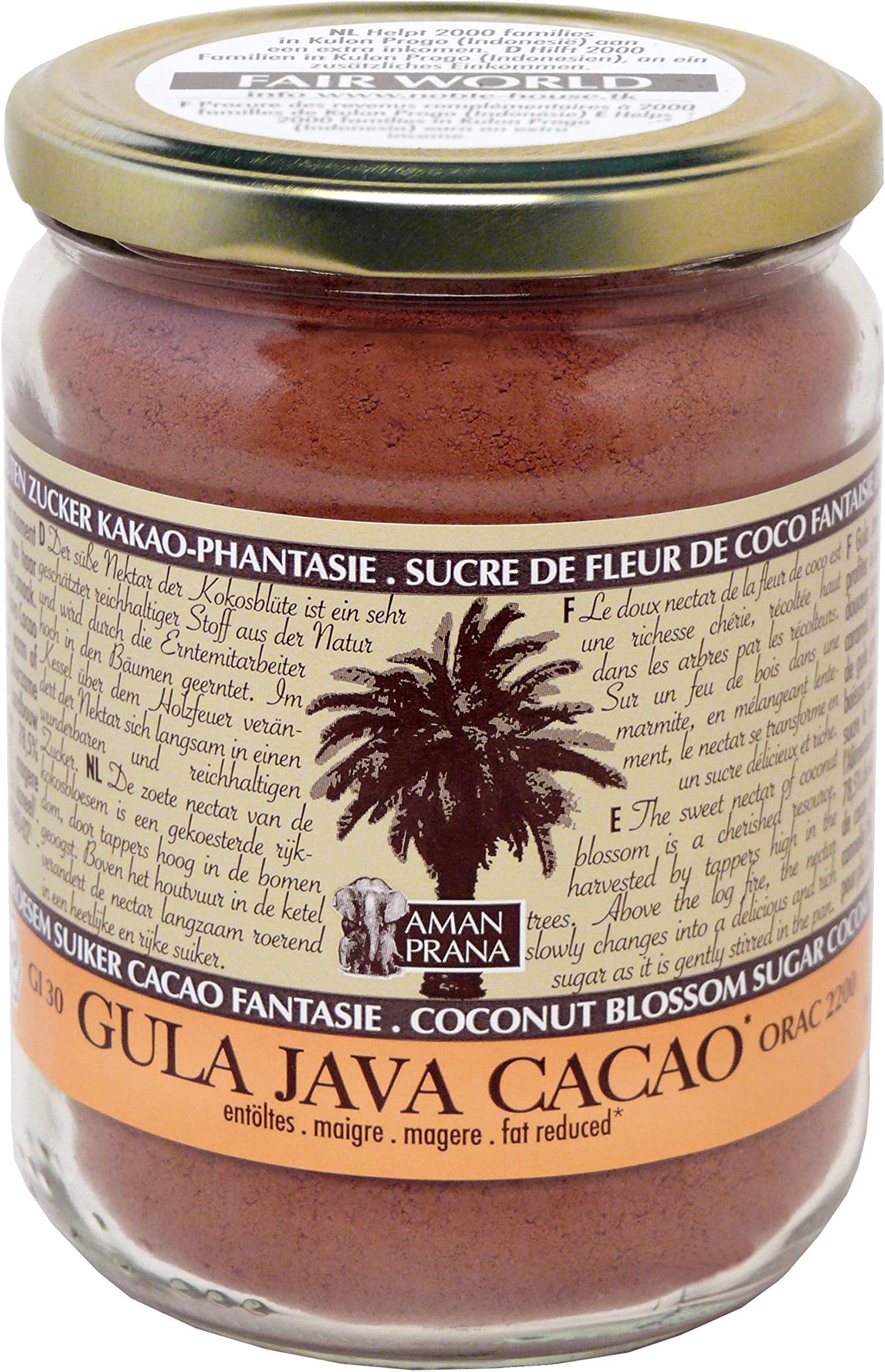 Amanprana Gula Java Cacao - Coconut blossom sugar + cacaco + vanilla + cinnamon - low glycemic performance/energy drink - organic & fair trade 390g - 13.75oz