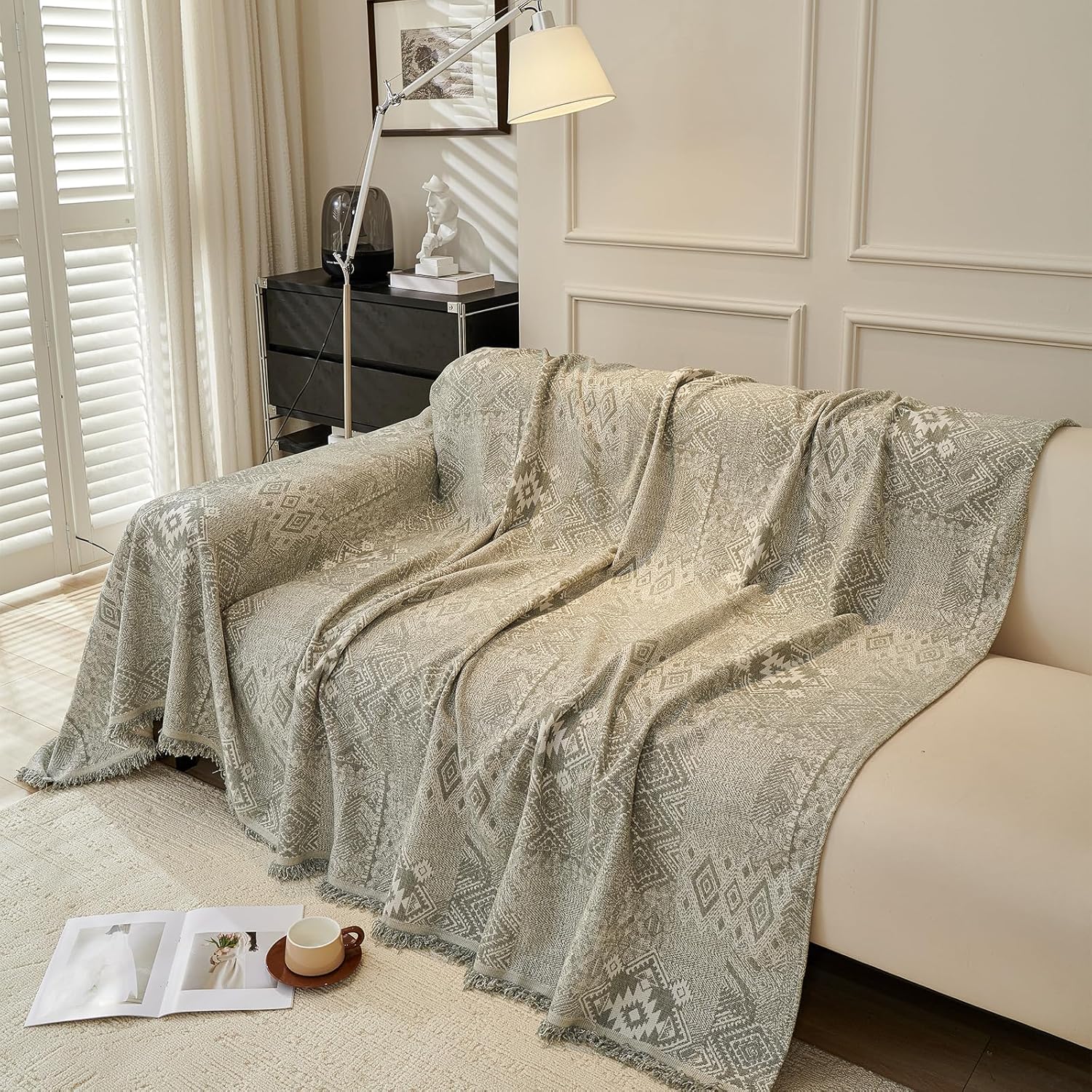 DREAMINGO Couch Cover - Geometric Jacquard, Sage Green, Boho Vintage Loveseat Couch Covers for Dogs Washable, Chenille Furniture Protector Sectional Sofa Slipcovers 2 Seater, Large 71"x118"