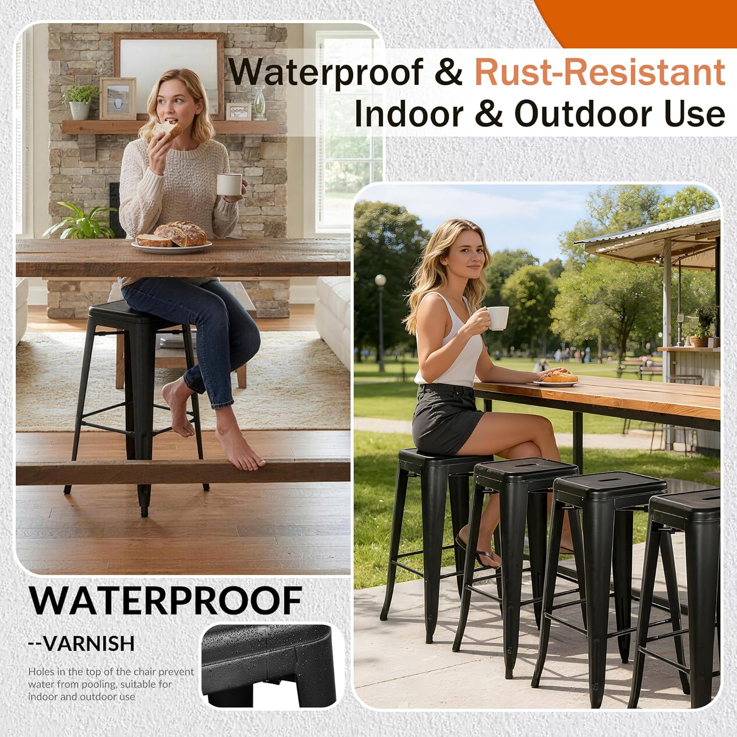 Elevon 30 Inches Metal Bar Stools High Backless Stools Indoor Outdoor Stackable Kitchen Stools, Black, Set of 4