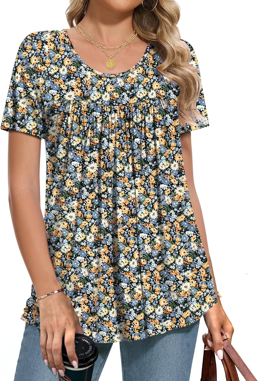 Women Tops Tunic Short Sleeve Summer Crew Neck Shirts Casual Soft Blouse M-3XL