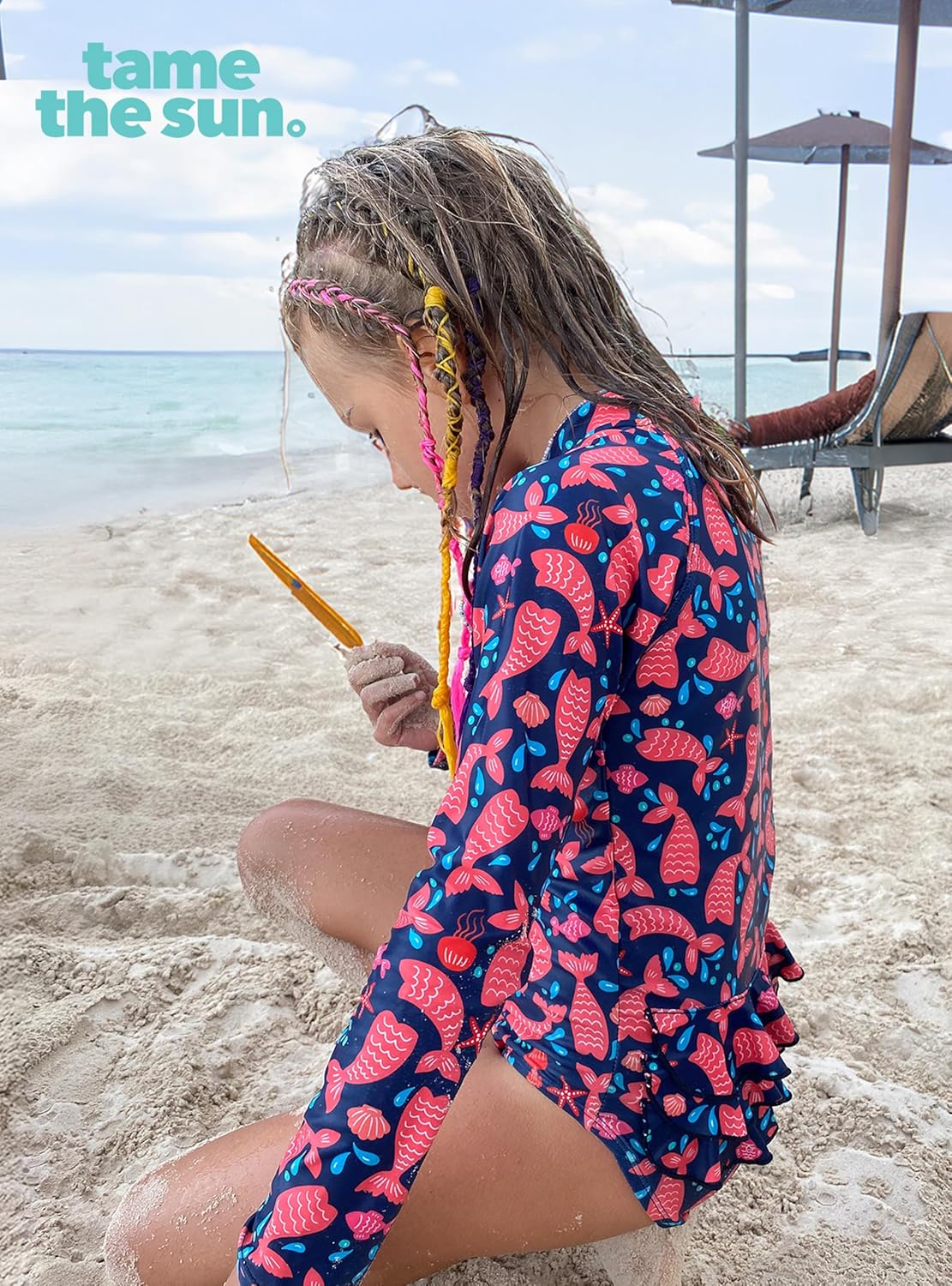 Tame the Sun Long Sleeve Girls' Swimsuit - Rash Guard with Frills, UPF 50+ Zipper Swimwear - Bathing Suit for Ages 3-12 - Image 2