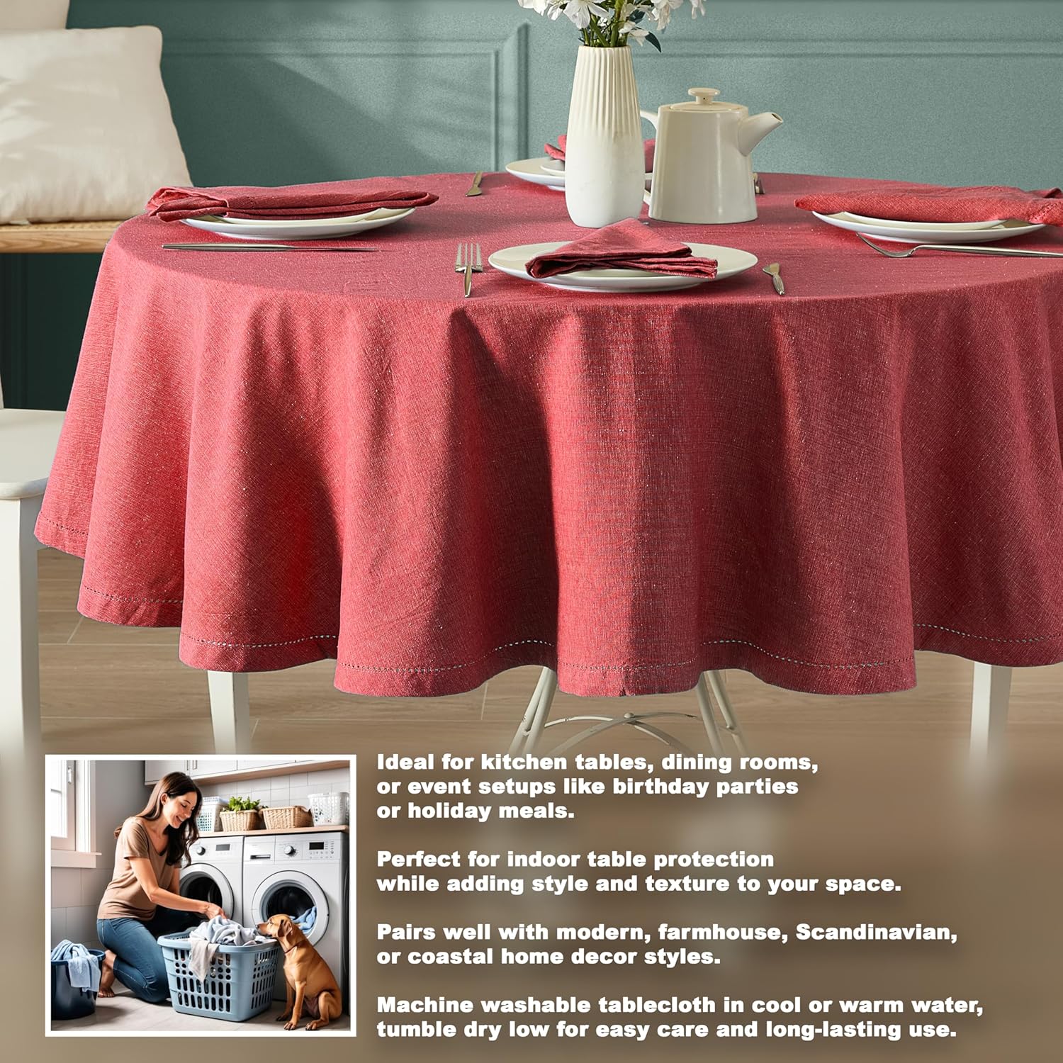 Home Bargains Plus Brittany Hemstitch Wine 70 Inch Cotton Tablecloth – Round Fabric Table Cover, Solid Color, Machine Washable, for Indoor and Outdoor Dining