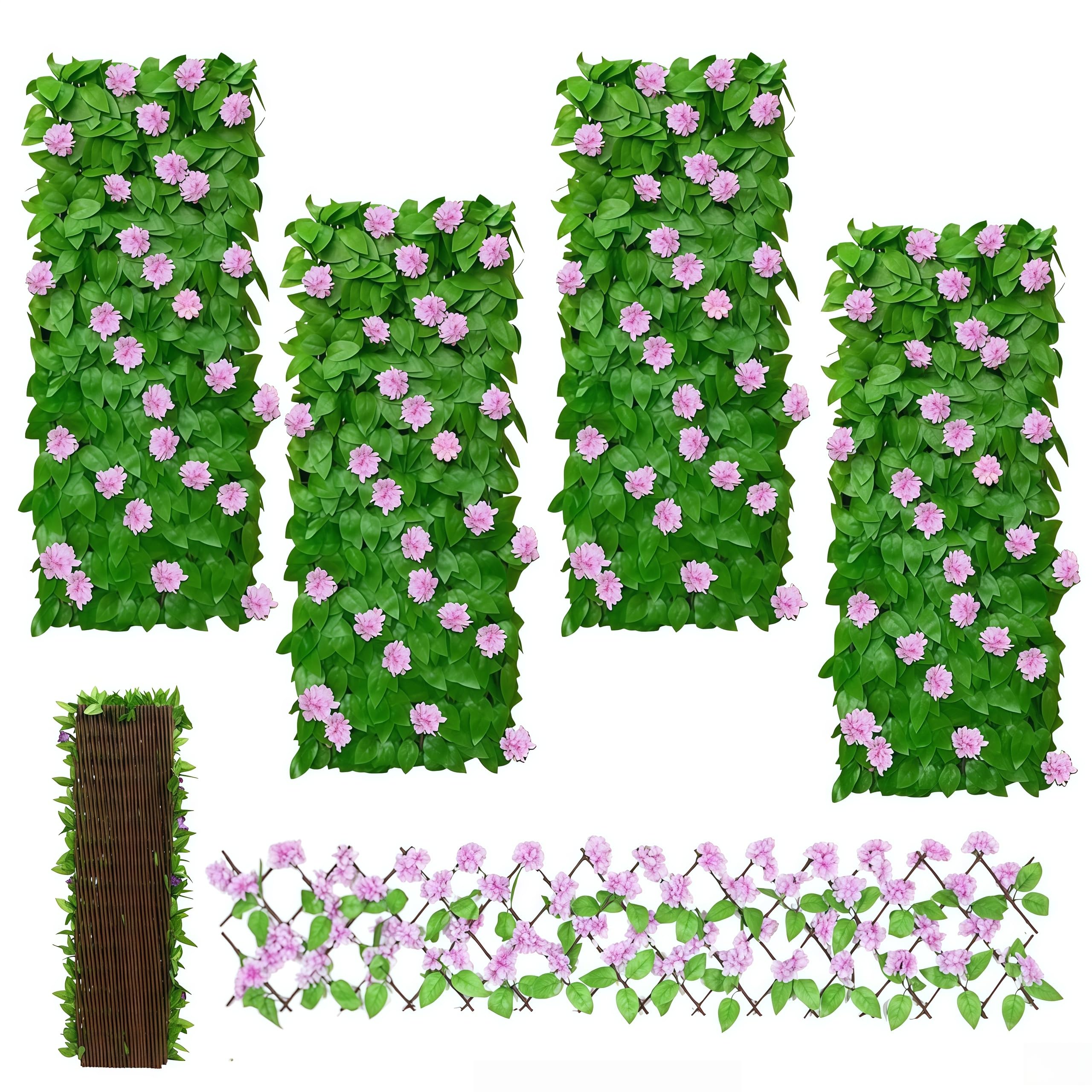 Artificial Ivy and Violet Flower Fence Screening,Expanding Garden Trellis Panels for Balcony Patio Outdoor,Decorative Faux Ivy Fencing Panel,Artificial Hedges 40x200cm- Expanded (B, 4PCS)
