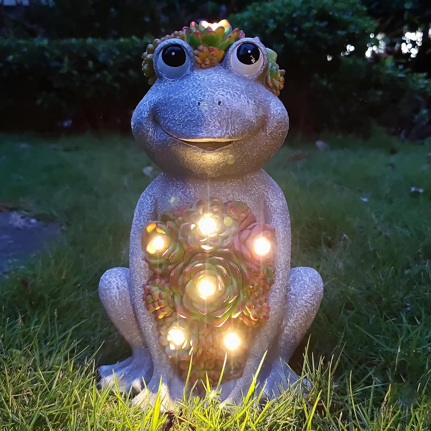 Solar Frog Garden Outdoor Statue with 8 LED Lights Mom Gifts Home Decorations,Fairy Garden Solar Figurines Lights, Resin Frog Decor Art Housewarming Gift for Patio,Yard,Lawn Ornament