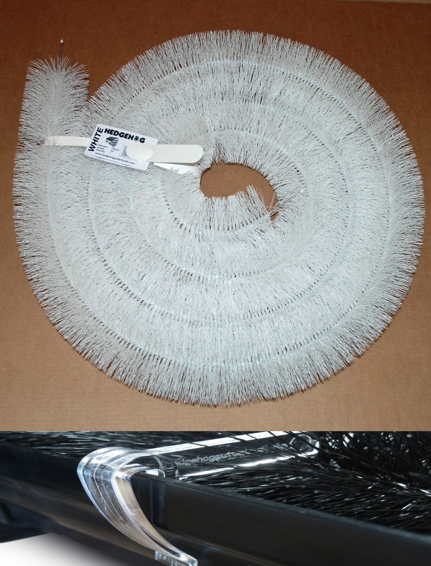 1 x 4m Length 100mm Genuine Hedgehog Gutter Brush Leaf Guard White & Three Hedgehog Gutter Clips