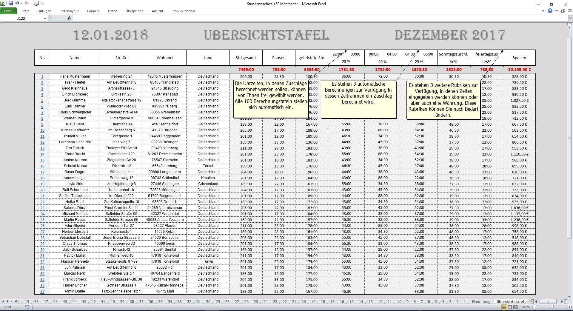Digitale Arbeitszeiterfassung Stundenzettel Stundennachweis mit automatischer Berechnung Zuschläge Excel