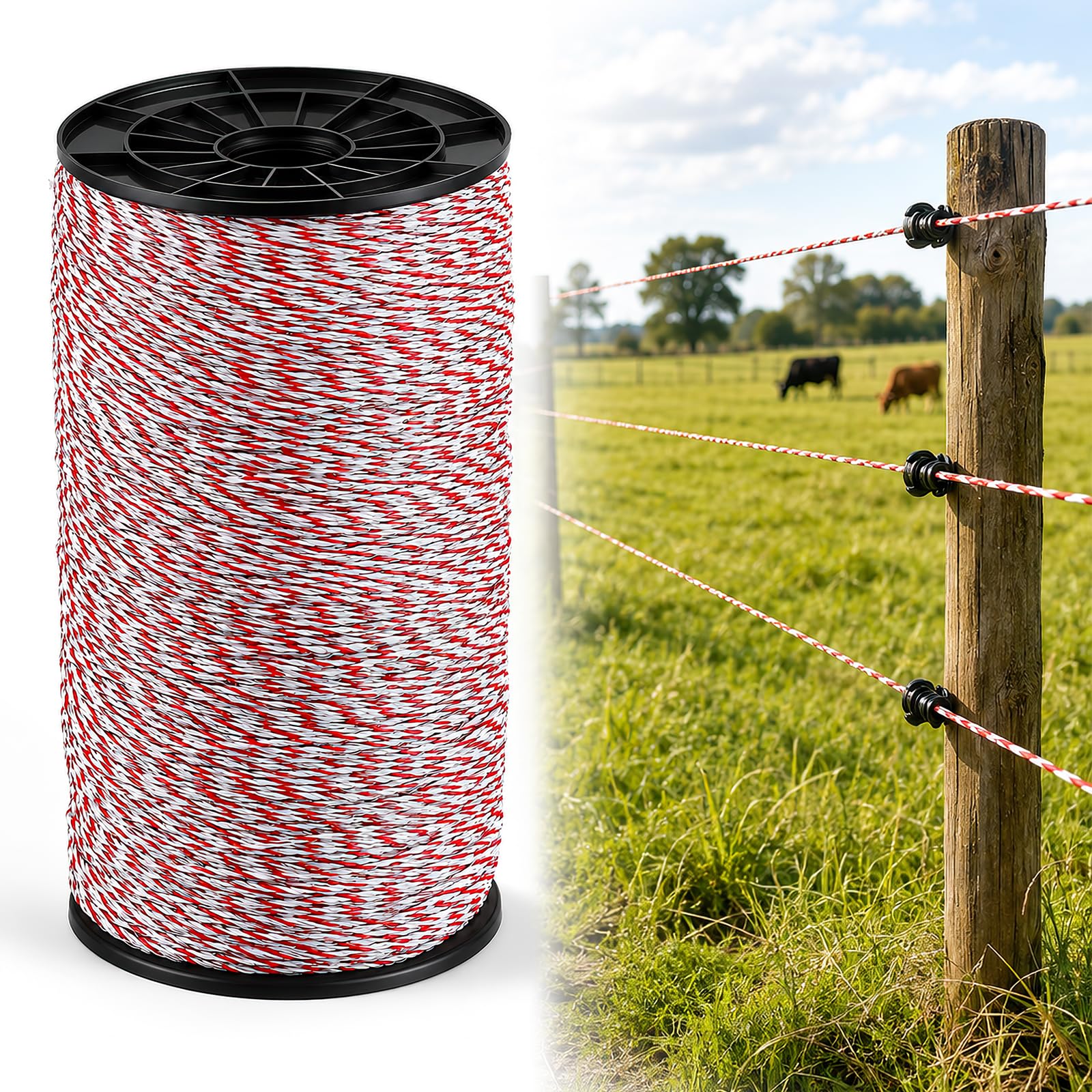 Filo Recinzione Elettrica 1000m, Corda per Recinzione Elettrica | Filo resistente per recinzione elettrica Corda elettrica bianco-rossa per cavalli, bovini e ovini