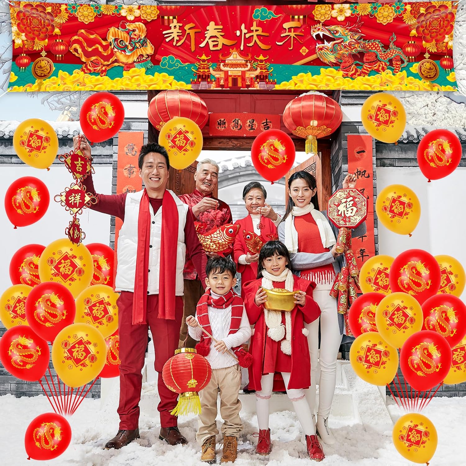 HOWAF Chinese New Year Decorations Fence Banner with Balloons Set, 1pcs Long Fabric Dragon Year Yard Sign Banner, 18pcs Red Balloons for Spring Festival Party Supplies, Lunar New Year Welcome Sign