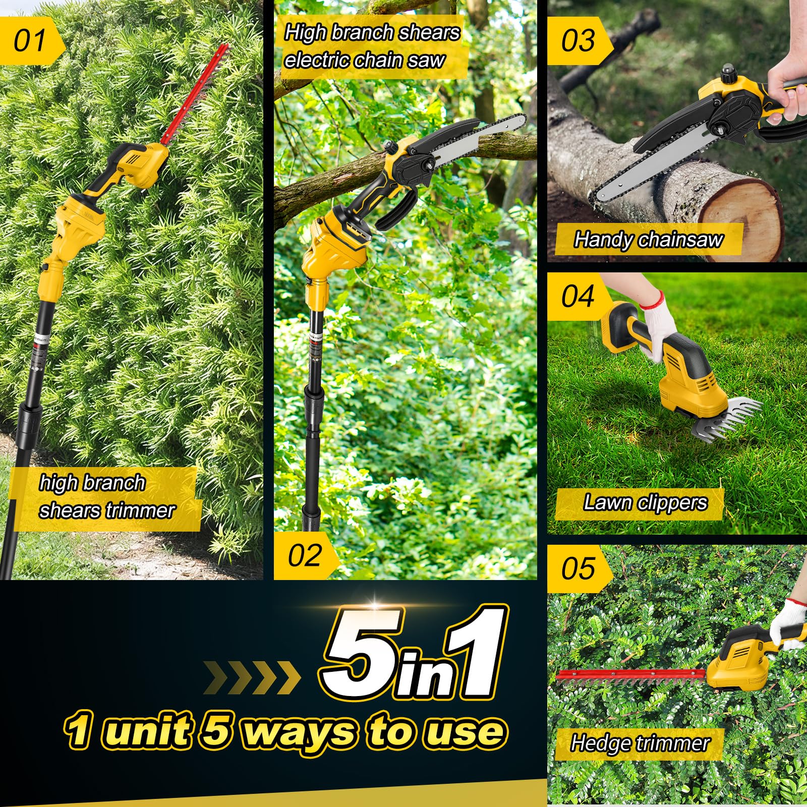 6 en 1 Juego de Motosierra 8" y Cortasetos para DeWal 20V(sin batería) | Roadtime Podadora telescópica mini motosierra de podar, cortador de setos, adecuado para jardín, árboles y arbustos