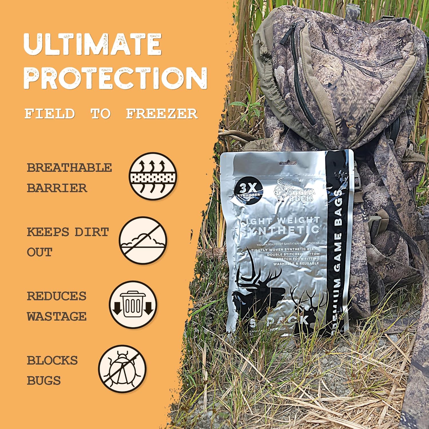 Koola Buck Synthetic Hunting Game Bags | 5 Pack Ultra Strong & Lightweight Synthetic Deer & Elk Game Bags | Reusable, Washable, Stretchable & Durable Meat Bags for Hanging & Packing Out Your Harvest