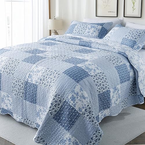 GOONE Queen Quilt Set 90x90 Inches, Blue Floral Boho Bedspread Farmhouse Quilting Bedding Set, Lightweight Washed Coverlet Set, Reversible Bed Cover, Quilts Queen Size with 2 Pillow Shams All-Season