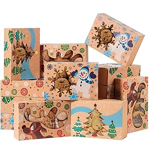 JOYIN 12PCS Christmas Cookie Boxes for Gift Giving, 8.75" x 5.75" x 2.75" Xmas Holiday Treat Cookie Tin with Window, 3 Designs Brown Foiled Kraft Bakery Box for Pastries, Cupcakes, Brownies, Doughnut