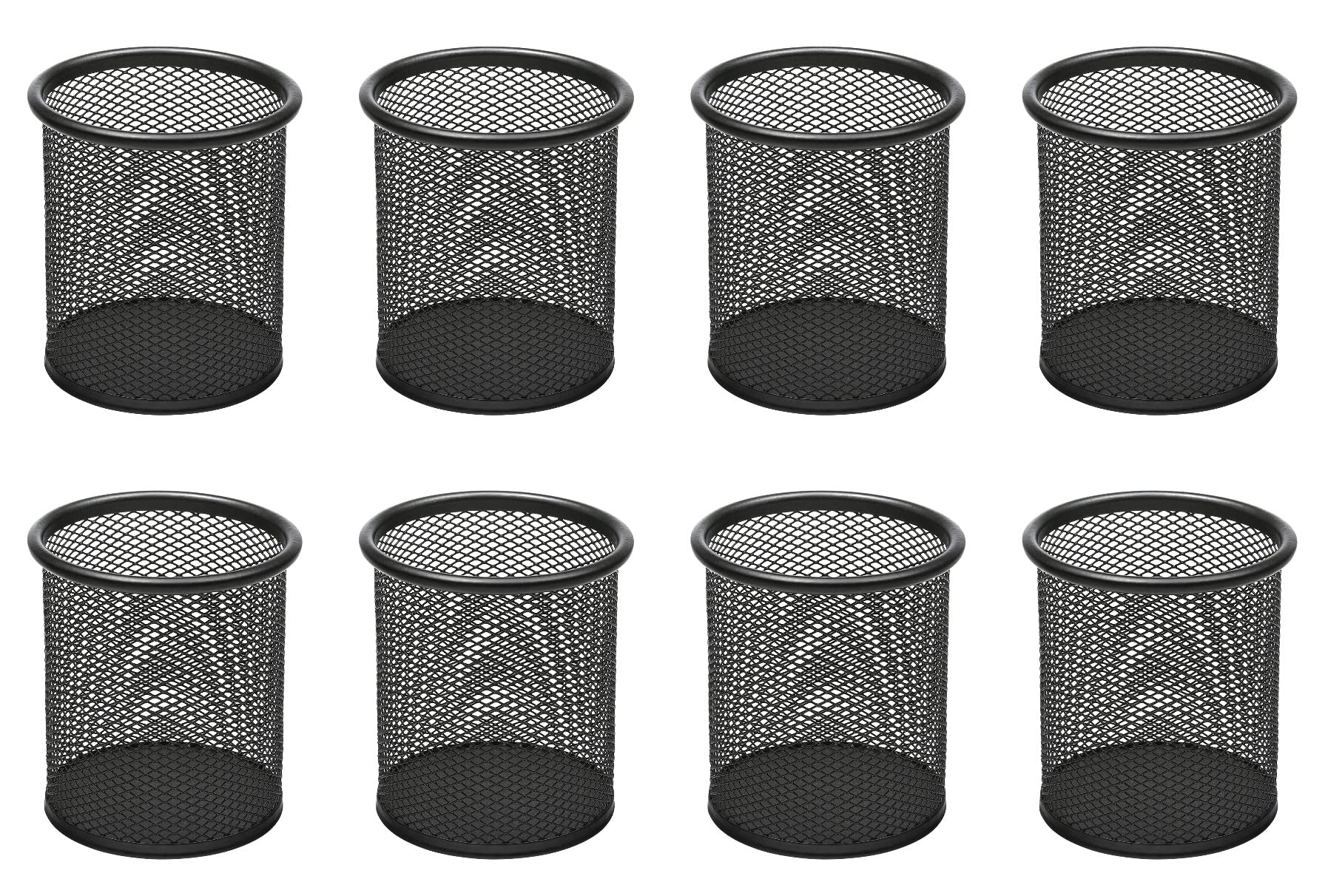 OSCO Black Wiremesh Round Pen Pot | 8 Pack | Pencil Holder | Desk Tidy | Office Organiser | Makeup Storage | Cosmetics Display | H10.4 x W9 x D9 cm