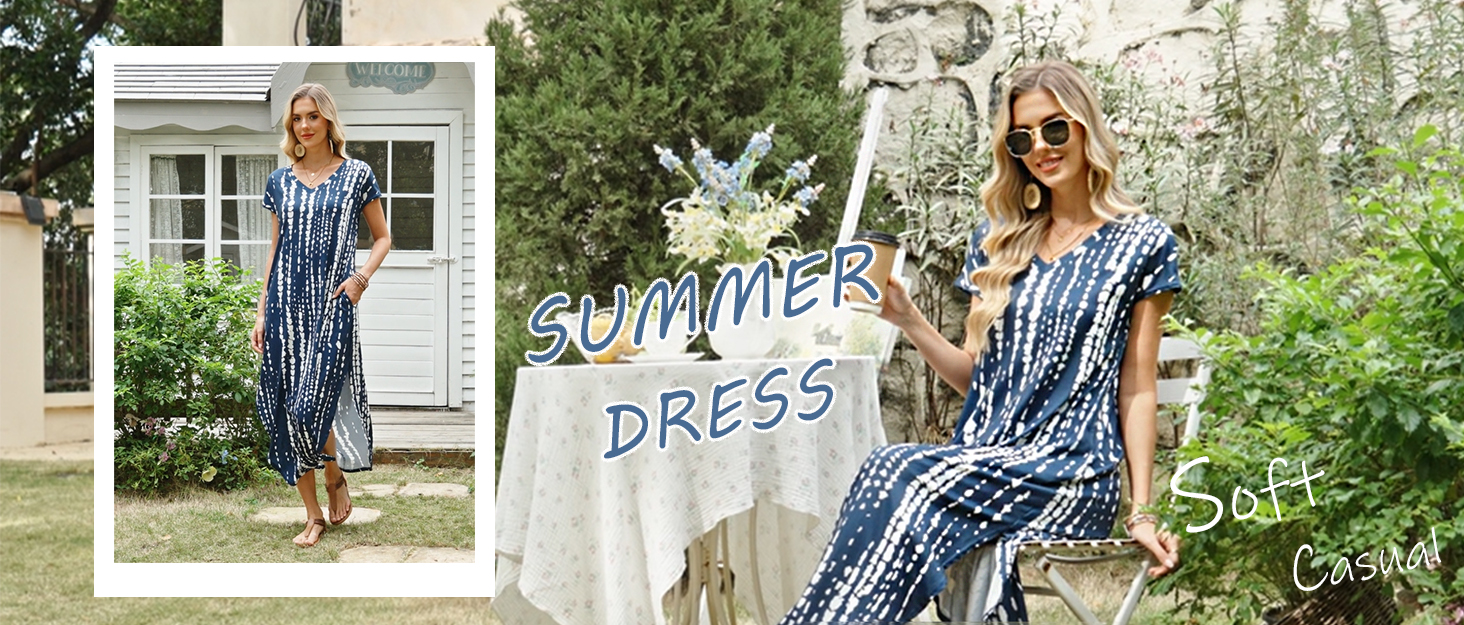 RUMIA Summer Casual Maxi Dresses for Women- Women's V Neck Cap
