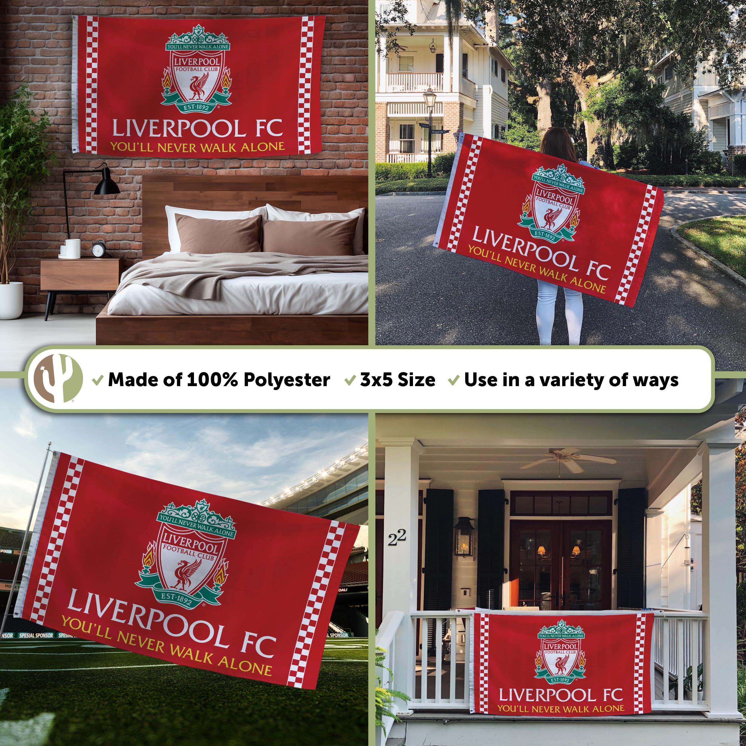 Desert Cactus Liverpool FC-Flagge, 90 x 152 cm, Fußball draußen (Flagge G) | Offiziell lizenziertes LFC Liverpool FC Reds Team-Logo-Banner, Merch, für Innen- und Außenbereich, 90 x 150 cm