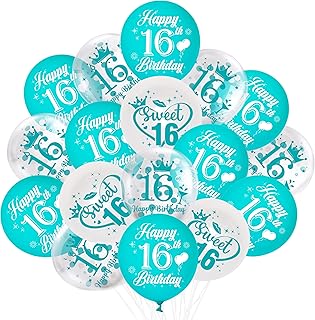 16th Birthday Balloons, Pack of 45 Turquoise Sweet Sixteen Latex Balloons Set - 16 Years Old Teal Blue White Birthday Party Decorations for Girls