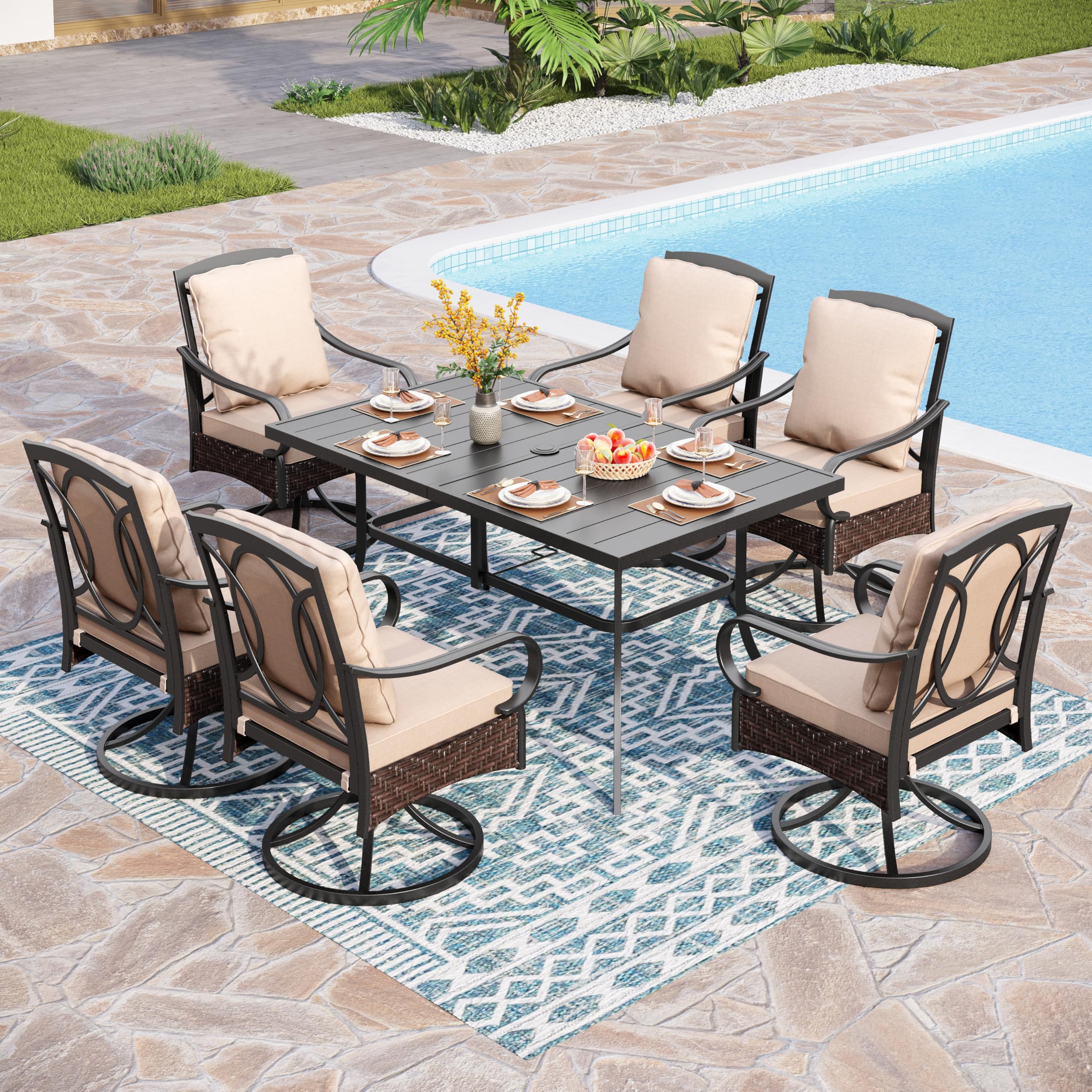 PHI VILLA Outdoor Dining Set for 6, All-Weather Patio Table and Chairs Set for 6, Heavy Duty Rectangle Patio Metal Table Set for Deck, 6 Extra Large