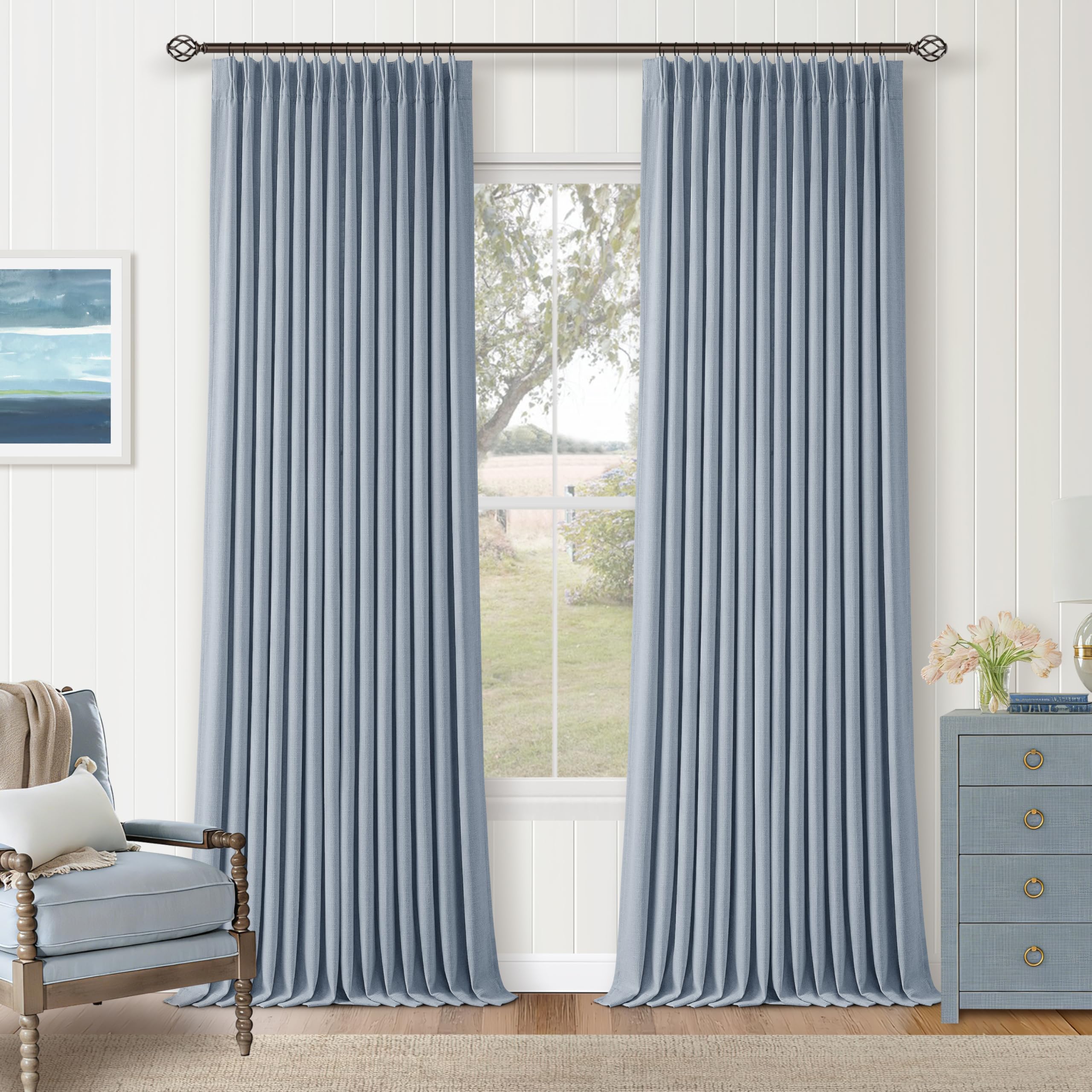 Blue Linen Blackout Pleated 86 Inch Curtains for Living Room Darkening Pinch Pleat 100% Black Out Drapes Thermal Insulated Soundproof Modern Coastal Light Dusty Blue 86 Inch Curtain for Baby Bedroom — image 1