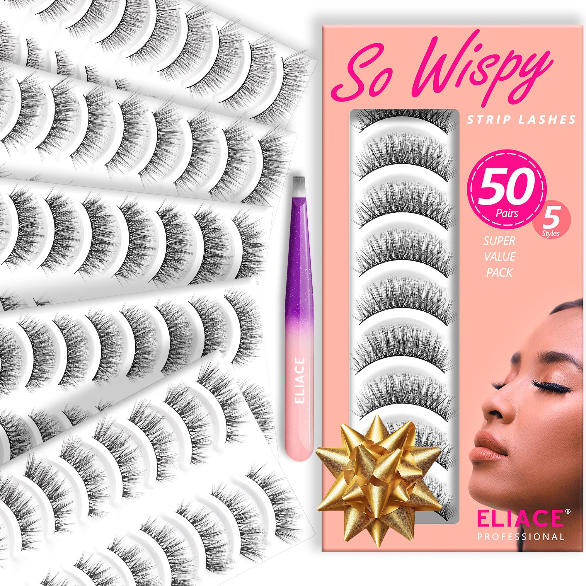 Eliace Luxurious 50 Pairs 5 Styles Cat Eye Lashes Wispy False Eyelashes Natural look 3D Mink Lashes Fake Eyelashes Kit, Thin Soft Band Comfortable Fluffy Volume Cross Strip Lash, with Lash Tweezers