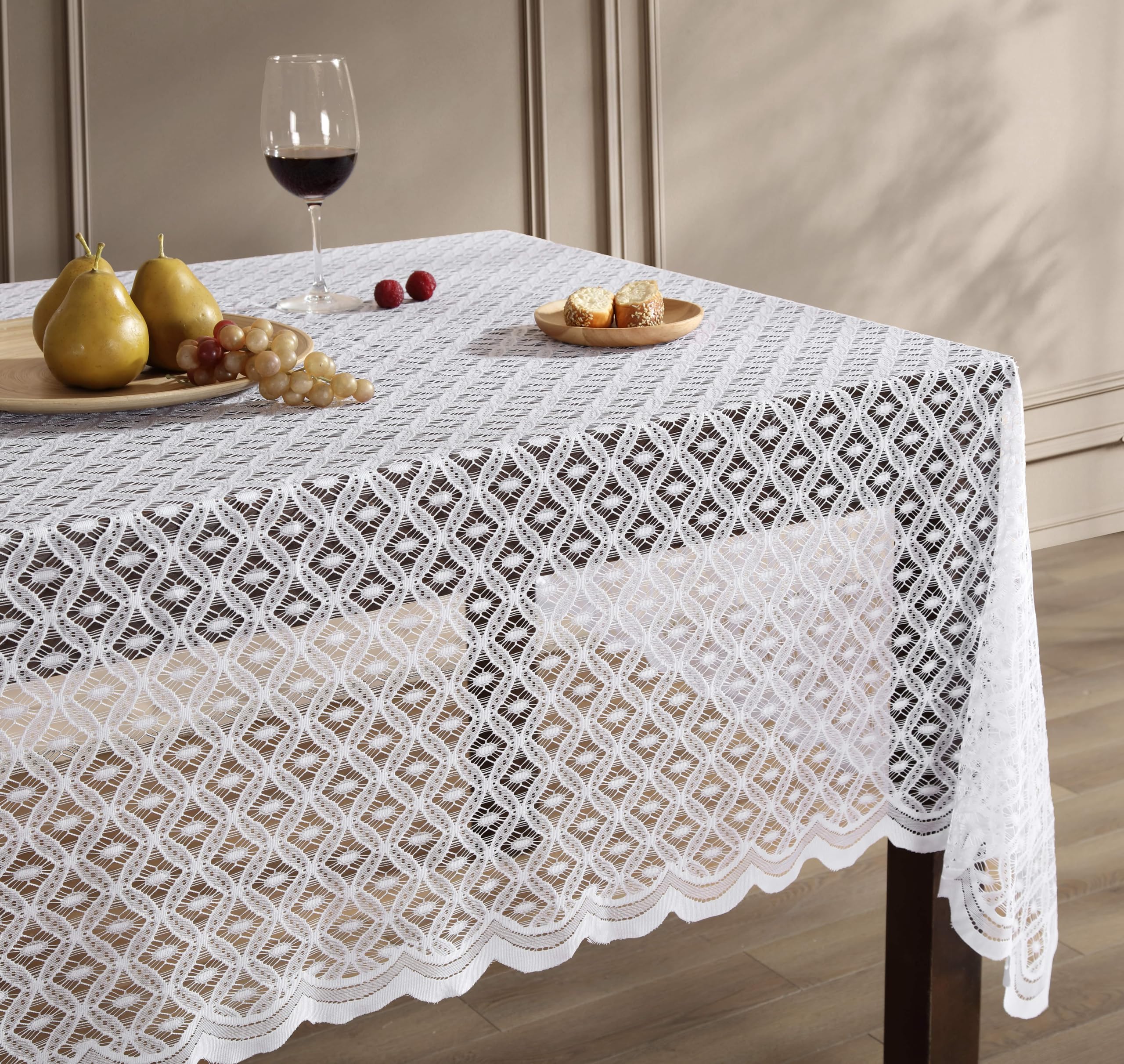 HLC.ME Sedona Spitzenstoff-Tischdecke, Spitzentischdecke für rechteckige Tische, knitterfrei, gemustert, gewellt (60B x 104L, Weiß)