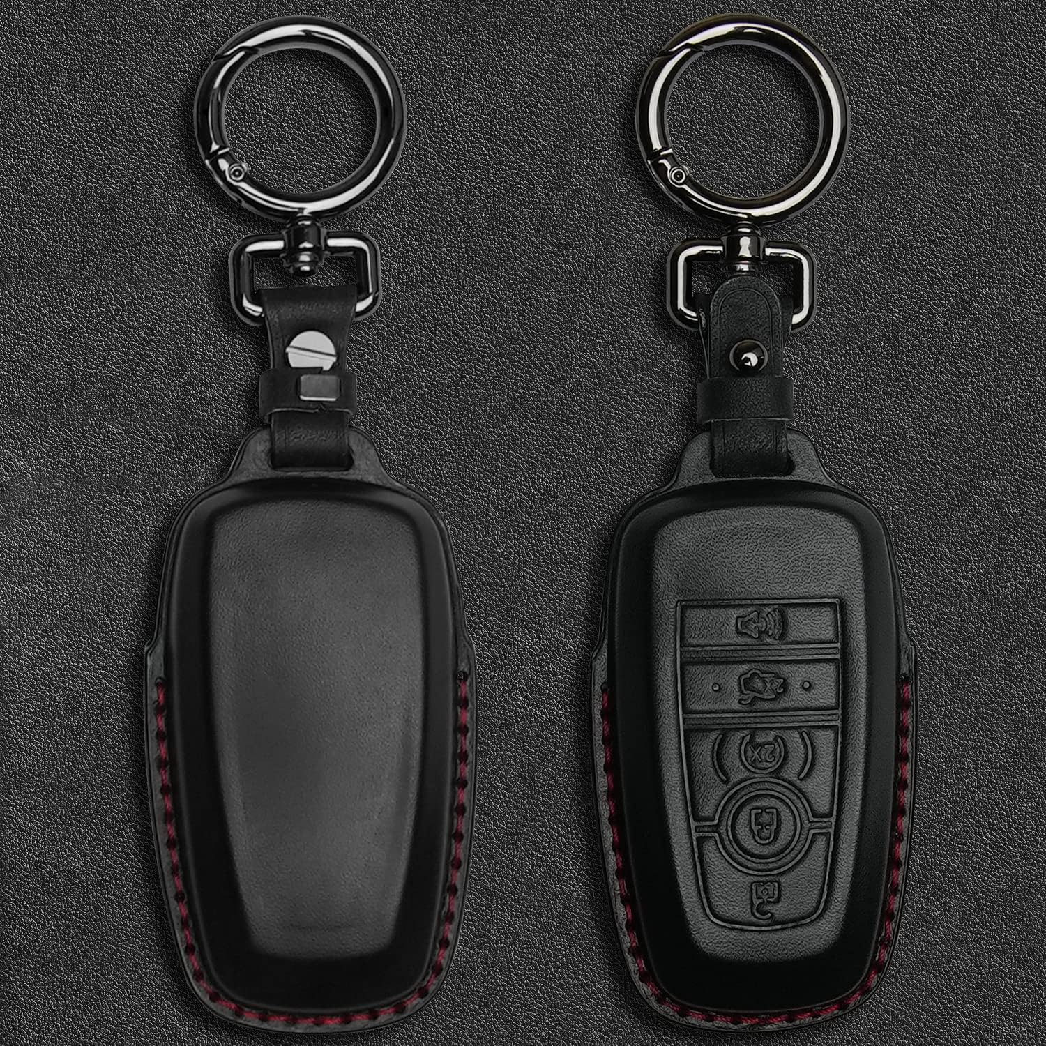 Tukellen for Ford Leather Key Fob Cover with Keychain Compatible with Ford Explorer Mustang Fusion Escape F150 F250 F350 F450 F550 Edge-Black (Red line) image 3