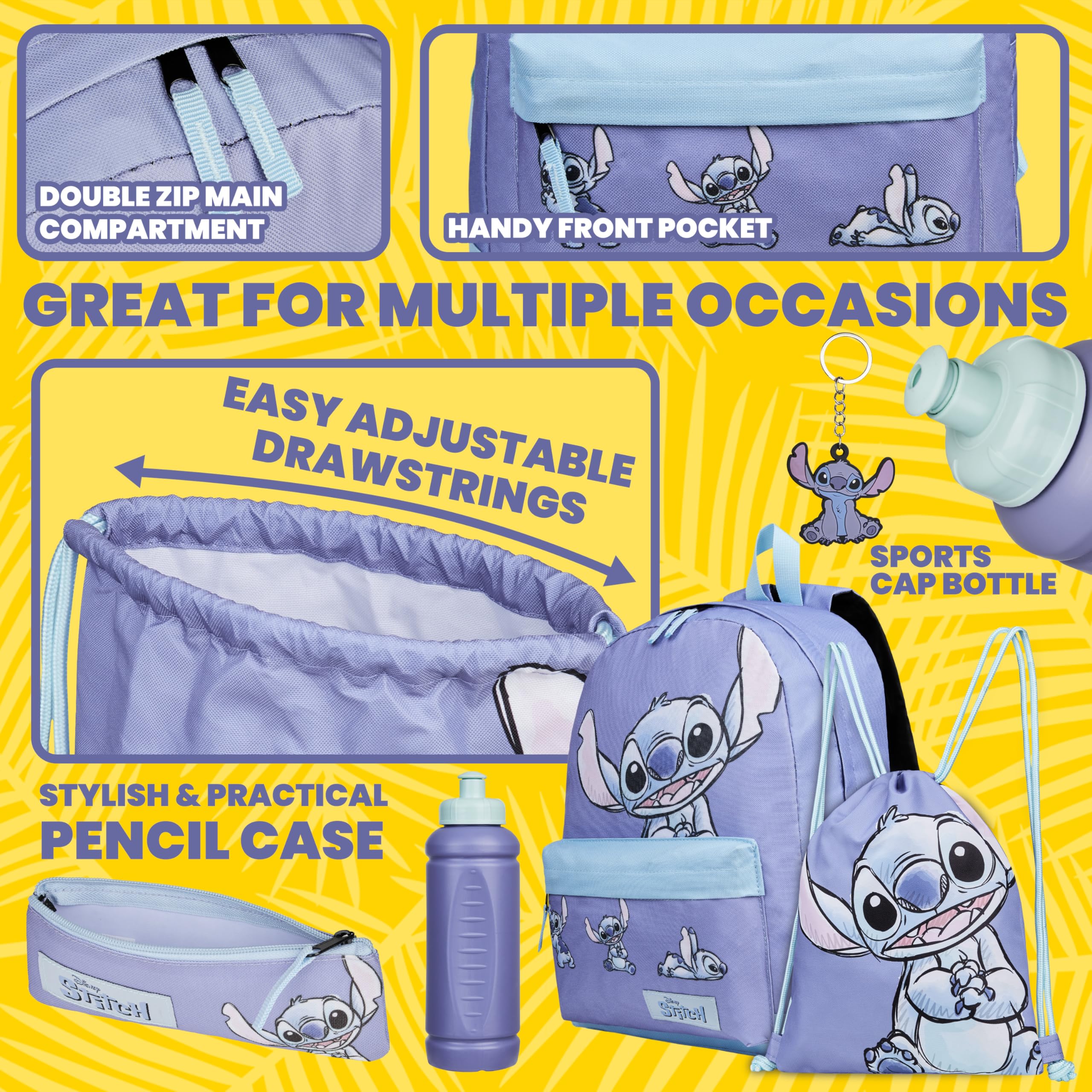 Disney Stitch Sac a Dos Fournitures Scolaires Lot 5 Pièces avec Sac de Natation Trousse Bouteille d'eau et Porte-clés Cadeau Enfant