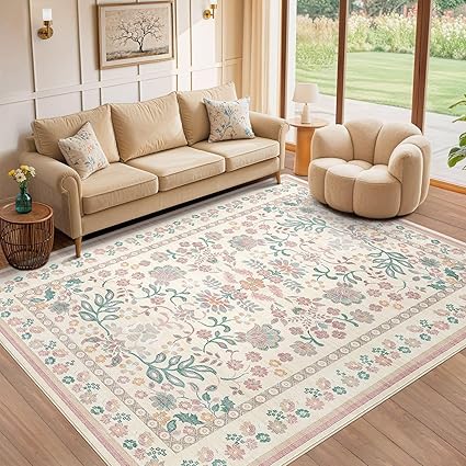 9x12 Area Rug Living Room Rugs - Washable Boho Vintage Floral Large Soft Non Slip Thin Rug Low Pile Carpet for Bedroom Dining Room Kids Playroom Office Decor Indoor - Pink