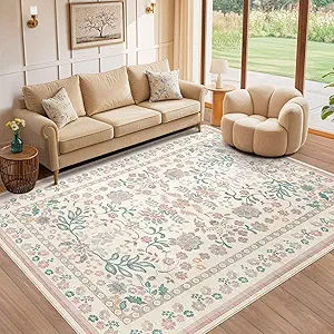 9x12 Area Rug Living Room Rugs - Washable Boho Vintage Floral Large Soft Non Slip Thin Rug Low Pile Carpet for Bedroom Dining Room Kids Playroom Office Decor Indoor - Pink